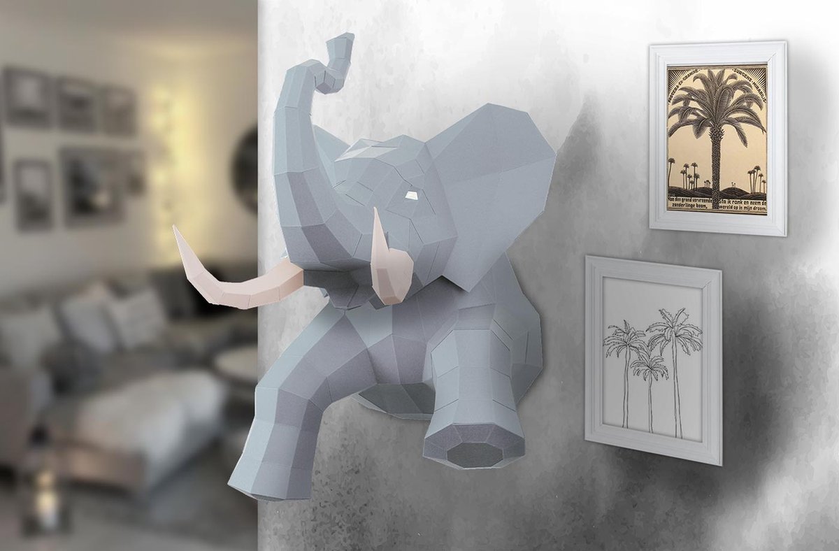 Olifant wandtrofee - Grijs - 3D papieren origami model - doe-het-zelf - Knutselwerkjes - Kinder- en babykamerdecoratie - Muurdecoratie
