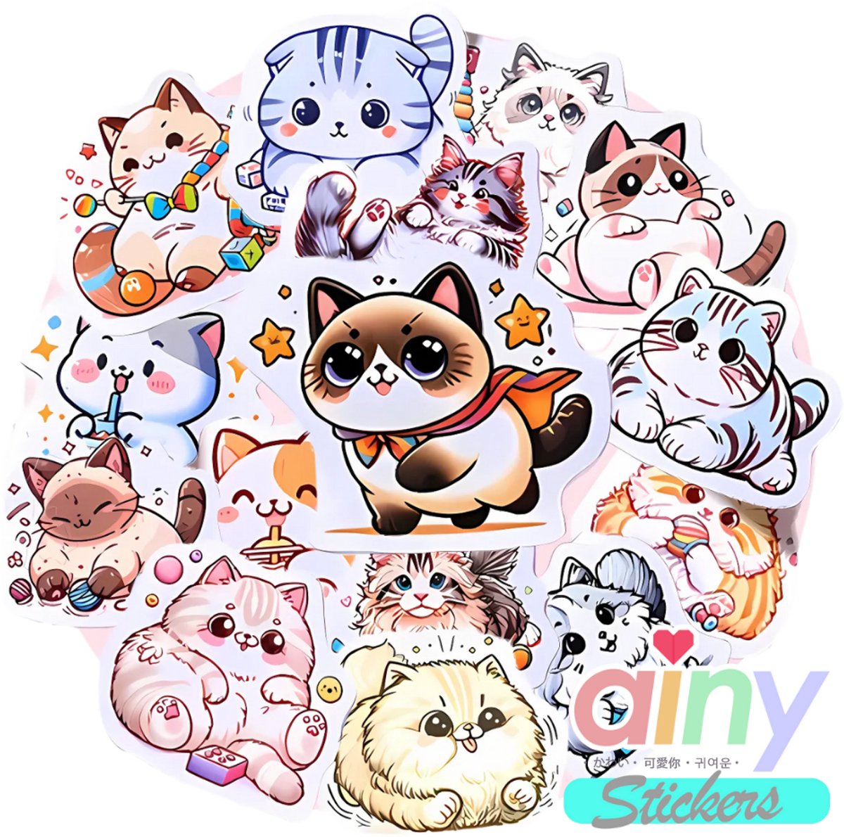 Ainy Katten Paradijs Stickers 45 stuks voor bullet journal, fotoalbum, wenskaarten, laptop, telefoon - ook geschikt als katten geschenksticker, skateboard stickers, graffiti stickers, knutselen stickervellen voor kinderen en volwassenen