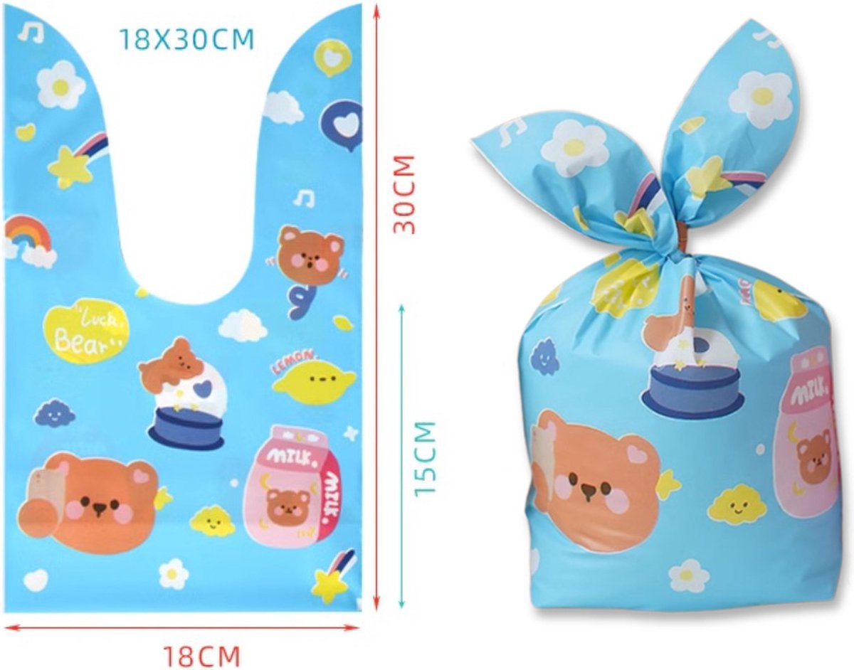 Ainy Oortjes Uitdeelzakjes 10 stuks - 18x15cm blauwe blokbodemzakjes met beertje print - cadeauzakjes geschikt als traktatie, uitdeelcadeautjes en snoepzakje cadeauverpakkingen bij kinderfeestje