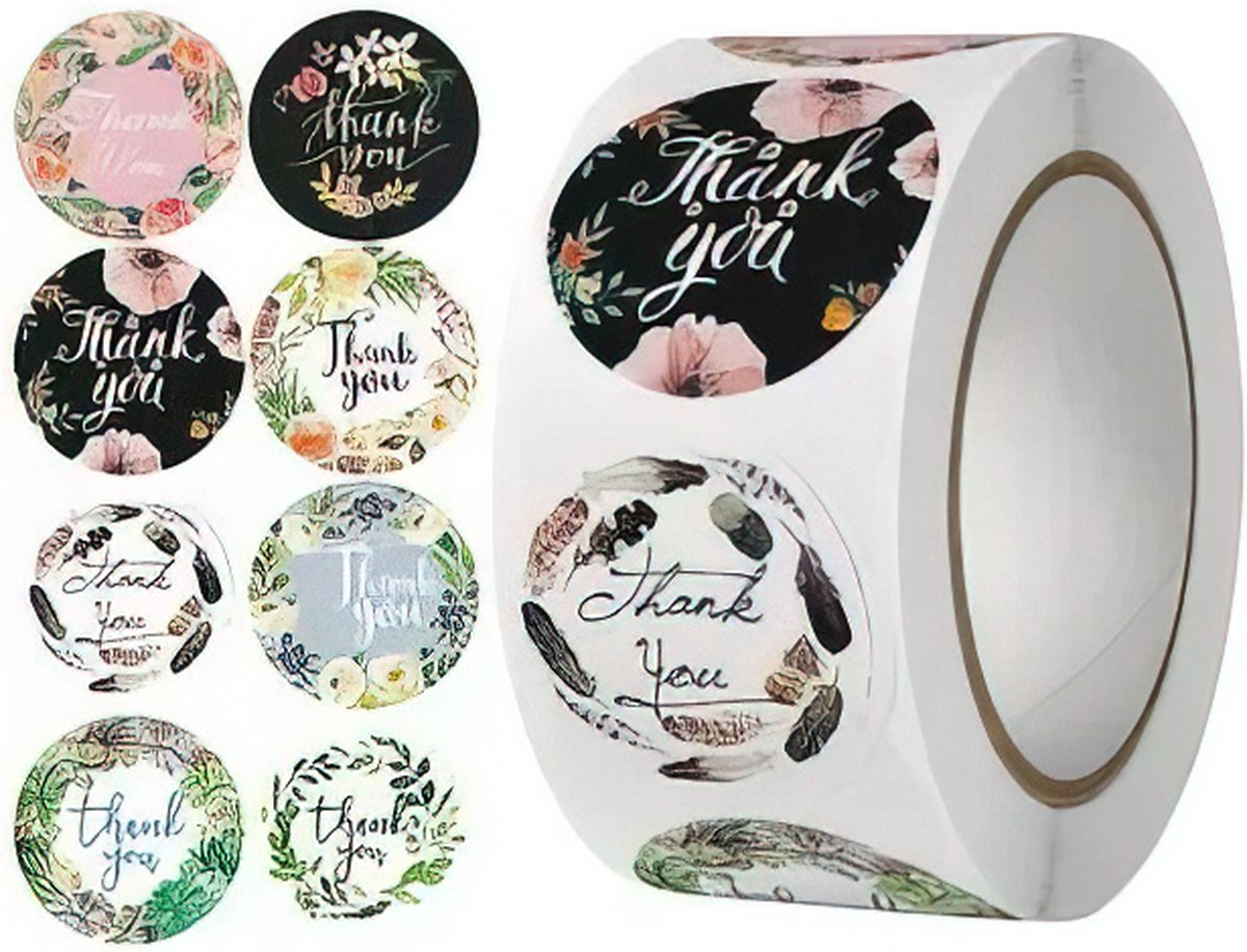 Ainy Thank You Stickers - 500 stuks bedankt stickers rol van 25 mm - ideaal voor cadeauverpakkingen, uitdeelzakjes, bedanktjes, traktatie en afscheid basisschool of opvang - Bedankt stickers voor kinderen en volwassenen
