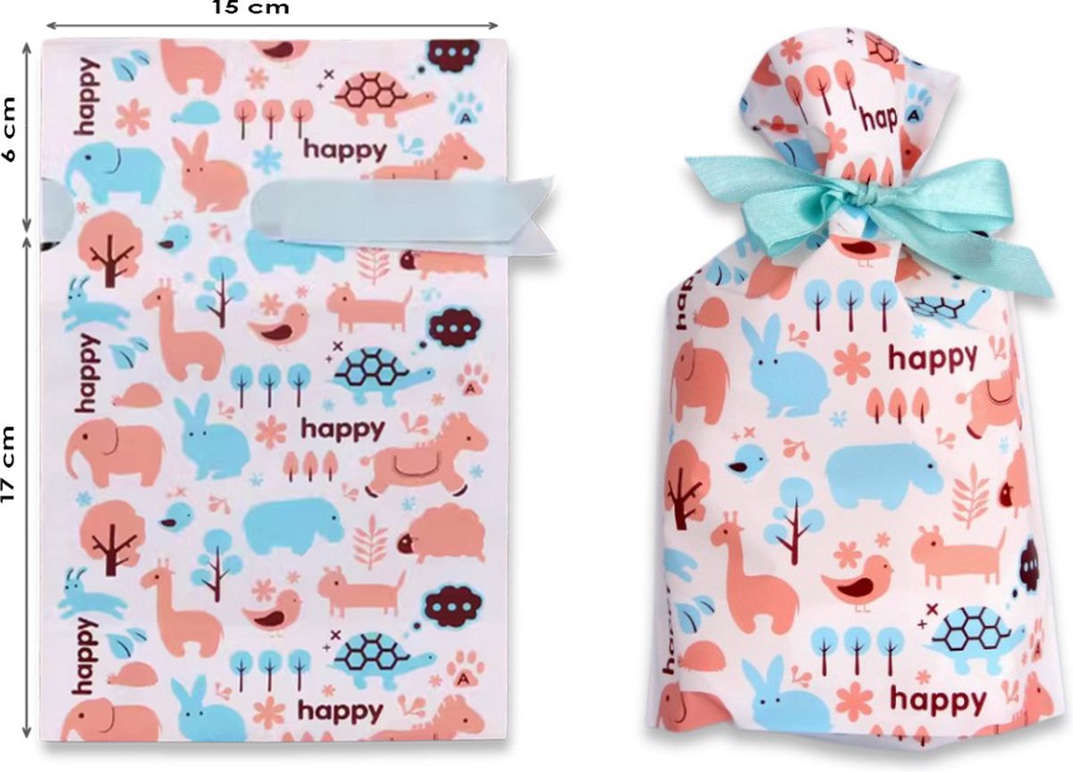 Ainy Uitdeelzakjes met lint 10 stuks - 15x23cm schattige dieren blokbodemzakjes met blauwe lint - cadeauzakjes geschikt als traktatie, uitdeelcadeautjes en snoepzakje cadeauverpakkingen bij kinderfeestje