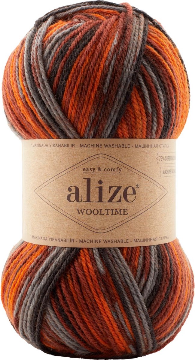 Sokkenwol Alize Wooltime - Easy & Comfy - Superwash - Bruin/Oranje/Grijs