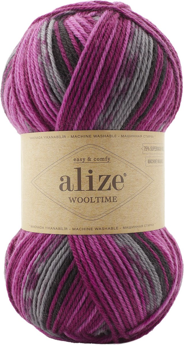 Sokkenwol Alize Wooltime - Easy & Comfy - Superwash - Roze/Zwart/Grijs