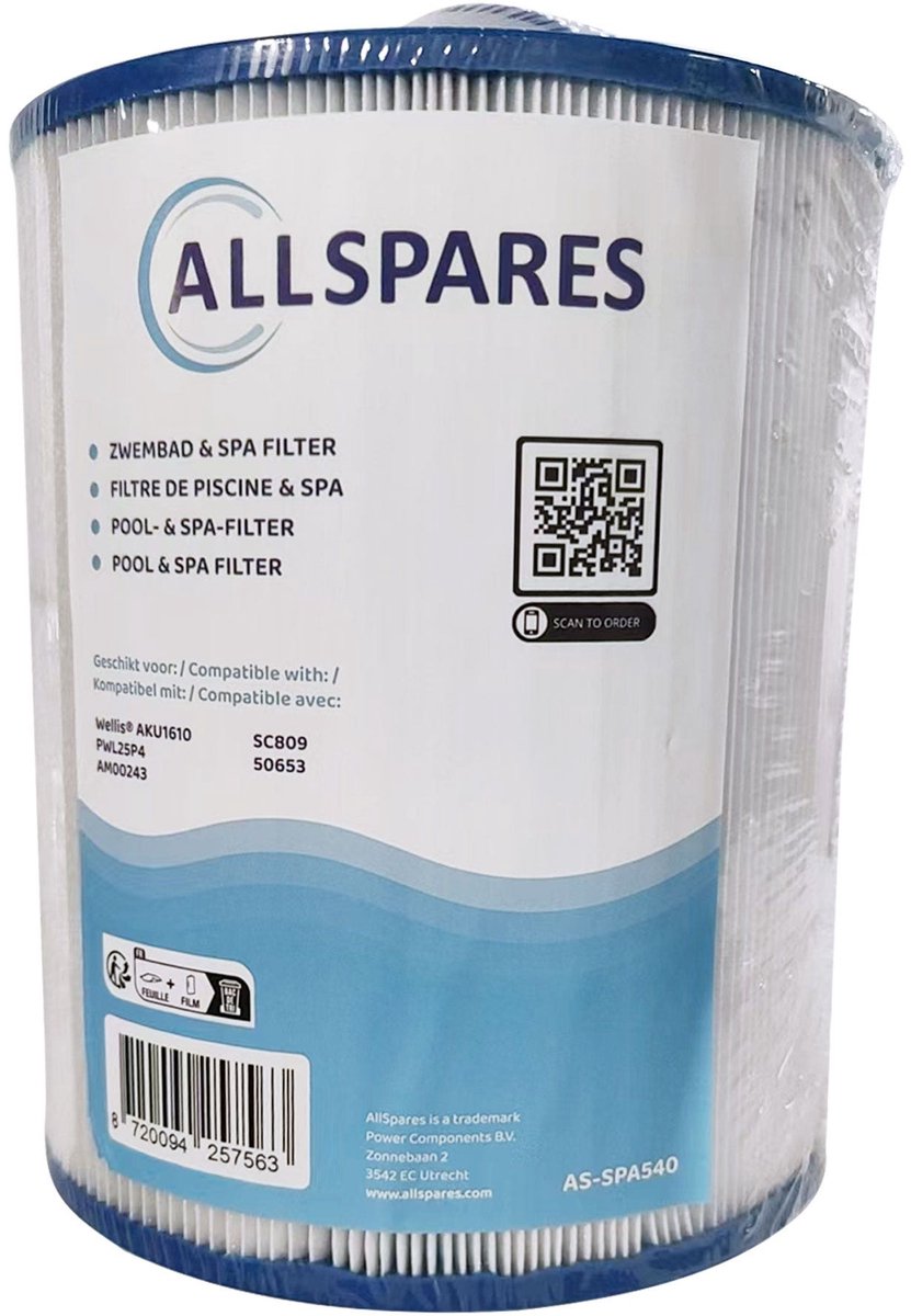 AllSpares Waterfilter voor Whirlpool/Spa geschikt voor Wellis AKU1610 / PWL25P4 / SC809 / AM00243 (Ø145x173mm)