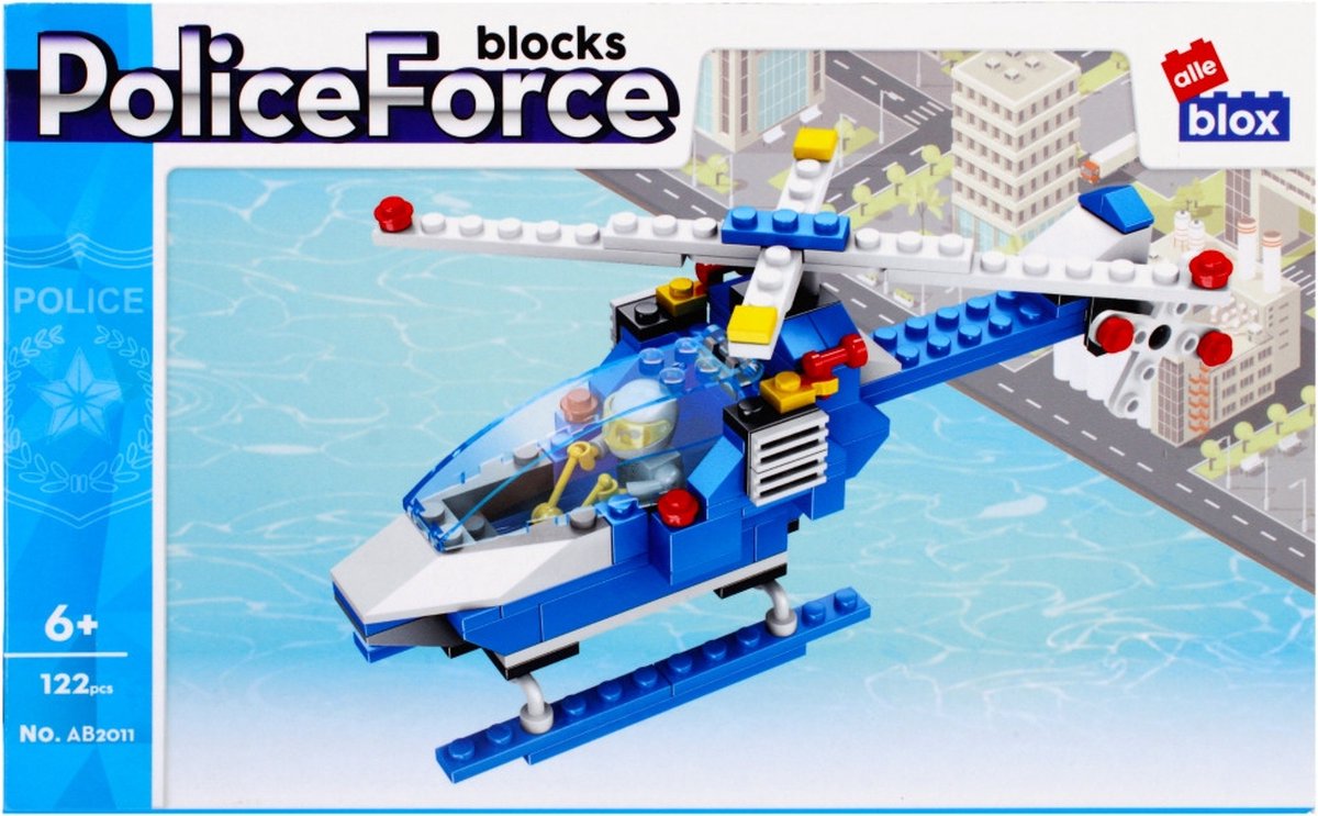 AlleBlox - Politie Helikopter- KinderSpeelgoed- 19/9/7 cm- Bouwen - Blauw