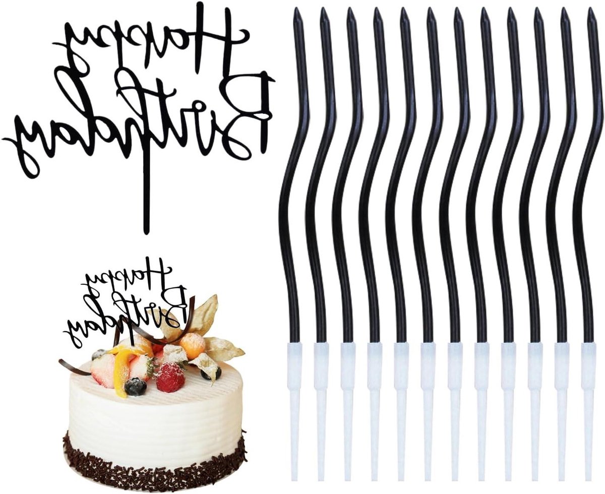 Allecto Plus - 12 gebogen kaarsen en 1 taartinzetstuk - Taartdecoraties voor verjaardag - Feestelijke kaarsen assortiment