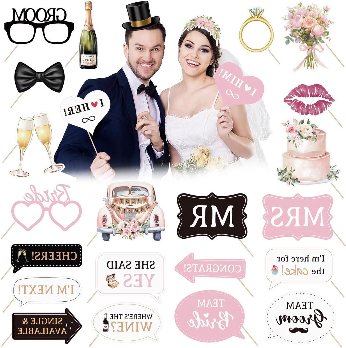 Allecto Plus - Accessoires voor een bruiloft - 24 stuks foto rekwisieten - bruiloftsdecoratie.
