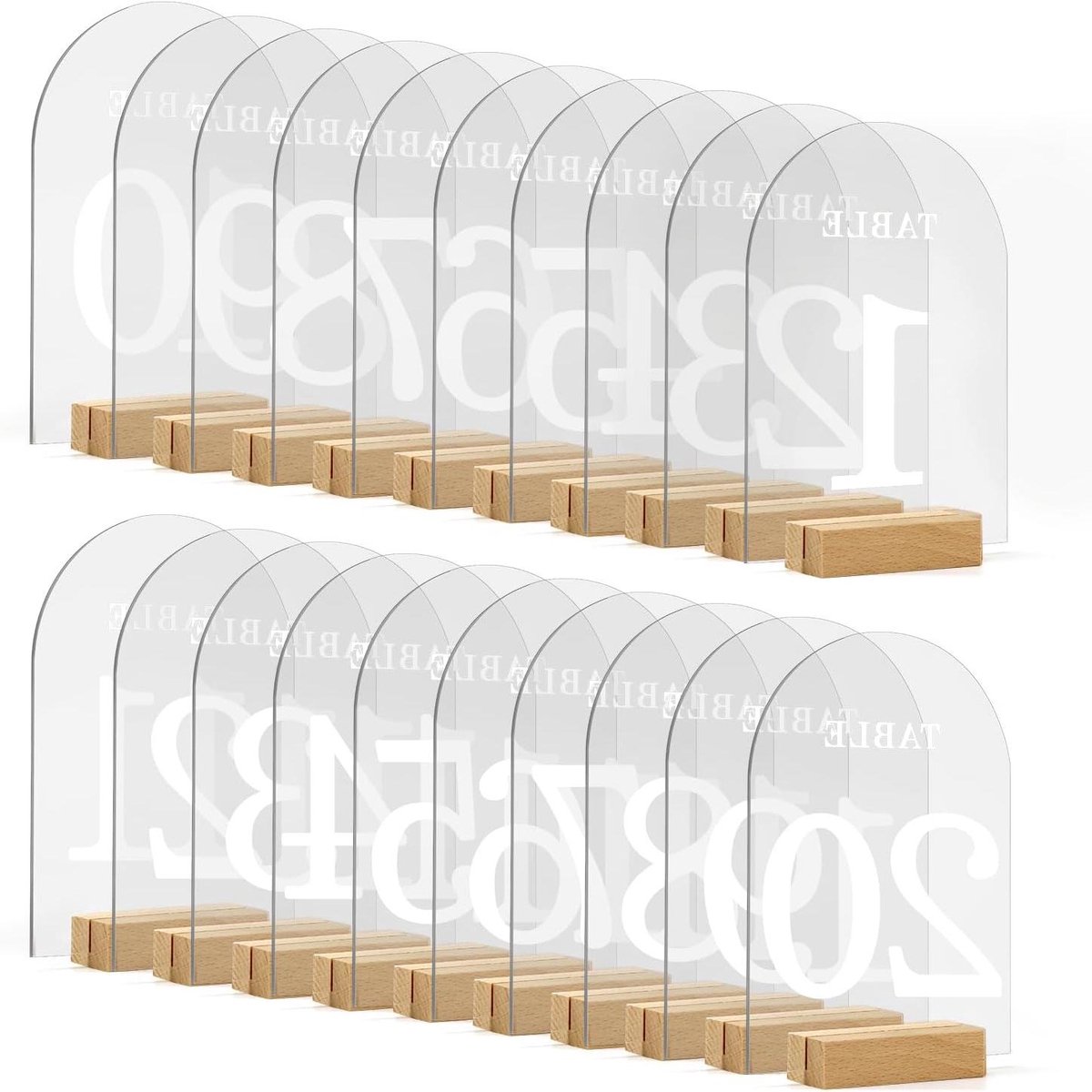 Allecto Plus - Acryl Tafelnummers Set van 20 Stuks met Standaards en Houten Voetstukken voor Huwelijk Feest en Verjaardagsdecoratie - Luxe Boog Tafelnummers