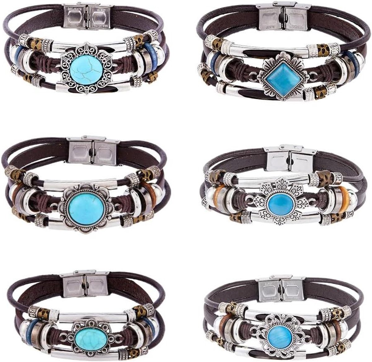 Allecto Plus - Armbanden Set met Koeienhuid Touw, Synthetische Turquoise Kralen en Roestvrij Staal voor Vrouwen - 6 Stuks