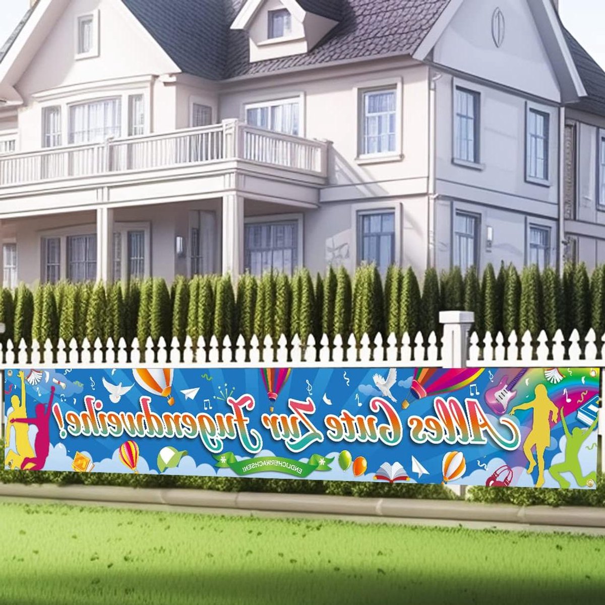 Allecto Plus - Banner decoratie jeugdwijding, tuindecoratie voor jongens en meisjes, kleurrijk, eindelijk volwassen, 270 x 40 cm.