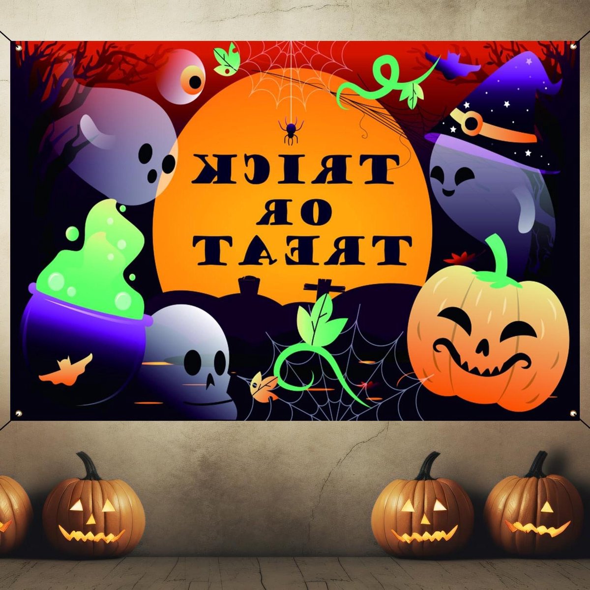   - Fotografieachtergrond 150x90cm voor Halloweenfeest - Pompoen Maan Spook - Feestartikelen Decoratie
