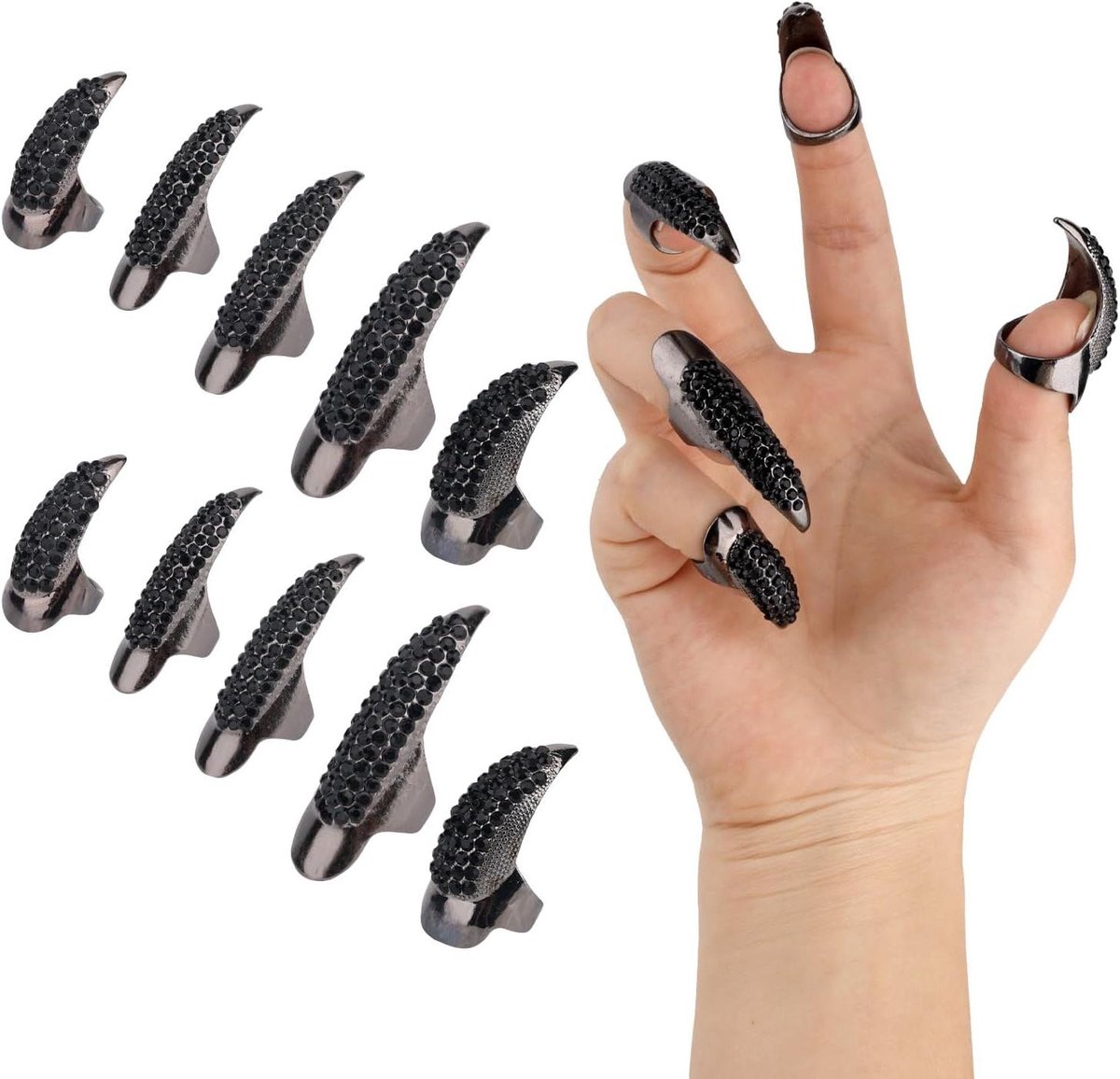 Allecto Plus - Halloween Klauwnagels Metaal Punk Vingerklauwen Ringen 10 Stuks - Dames Cosplay Accessoires voor Carnaval Vampier Wolf Kat - Unieke Halloween Kostuum Items