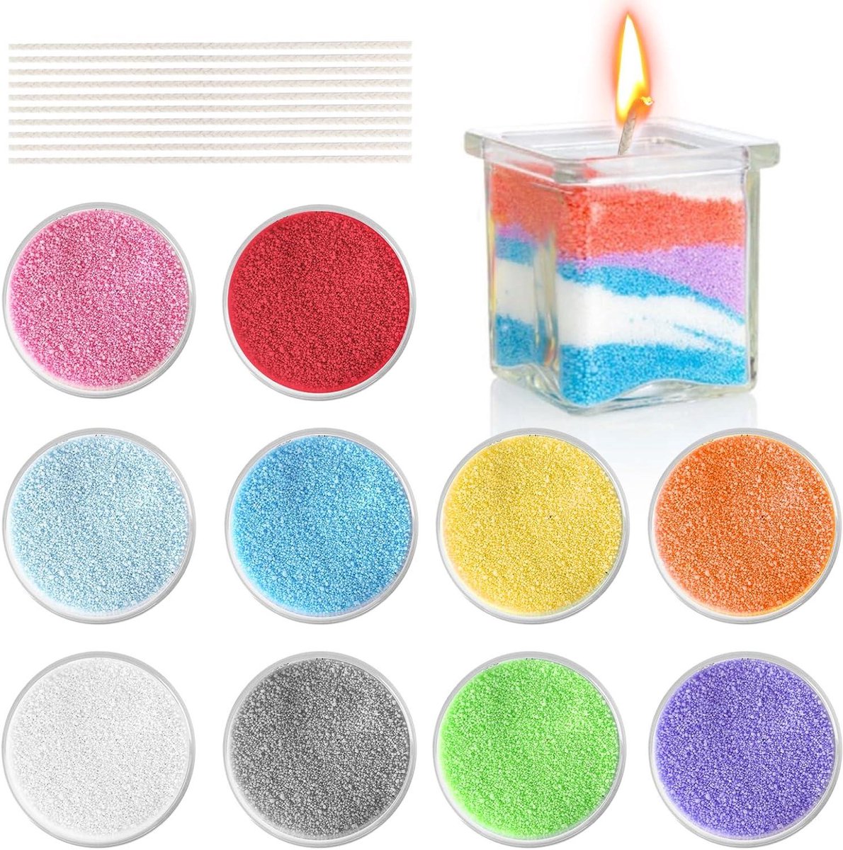 Allecto Plus - Kaarszand met Geur voor Zelfkaarsen - 200g Waxgranulaat met 10 Lonten - Parels in 10 Kleuren - Kaarsen Zand voor DIY Kaarsen - Kaarswas Granulaat met Parelkralen