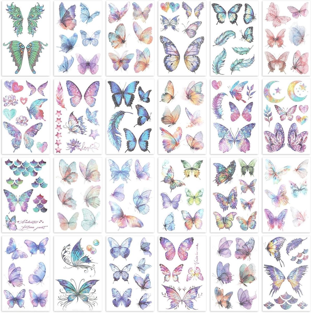 Allecto Plus - Vlinder Tatoeages Set van 24 Vellen Waterdicht - Voor Gezicht en Lichaam - Make-Up - Vrouwen Meisjes - Feest Gunsten - Festival Stickers.