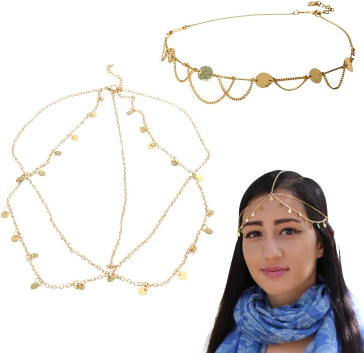 Allecto plus - Gouden boheemse hoofdketting met kwastje voor bruiloft en haar - set van 2