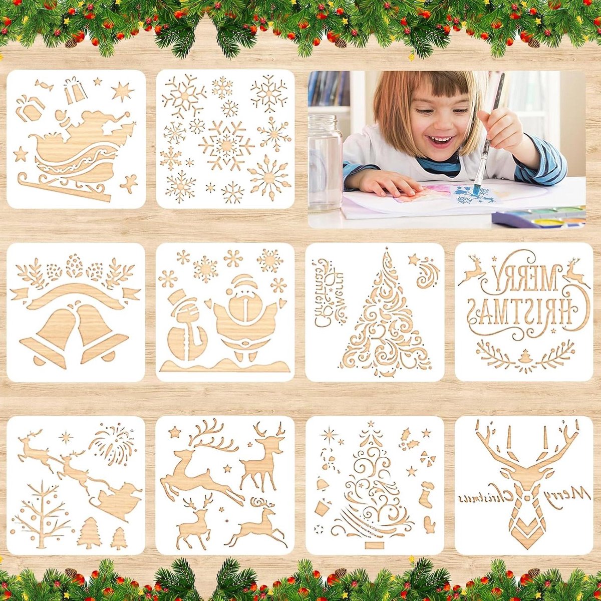 Allecto plus - Herbruikbare kerst sjablonen set voor kinderen - 10 stuks - Kunststof schildersjablonen - DIY voor het maken van wenskaarten