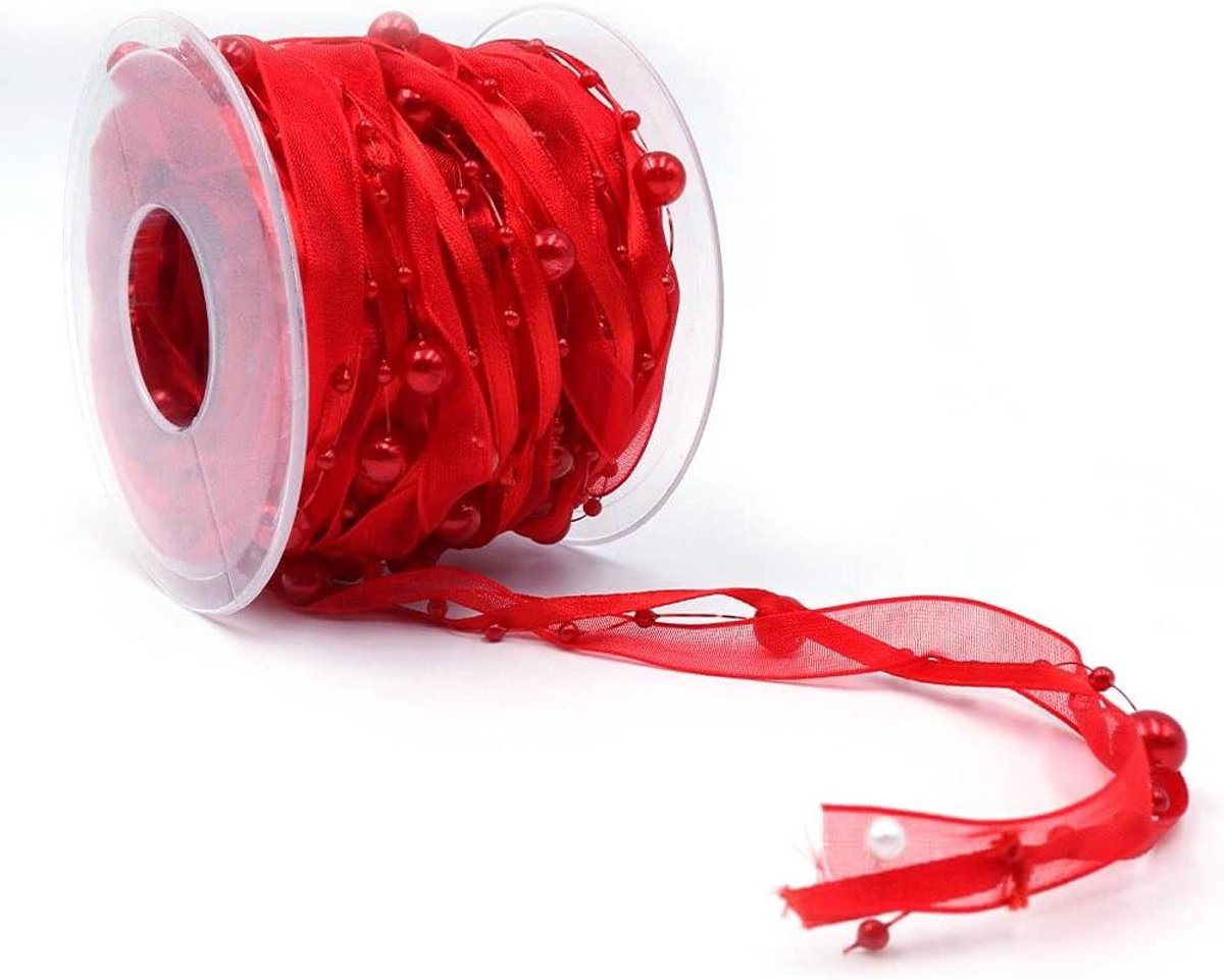 Allecto plus - Rood Kunstmatige Kraal Lint Chiffon Organza Kantlint Trims voor Bruiloft Decoratie - 10M