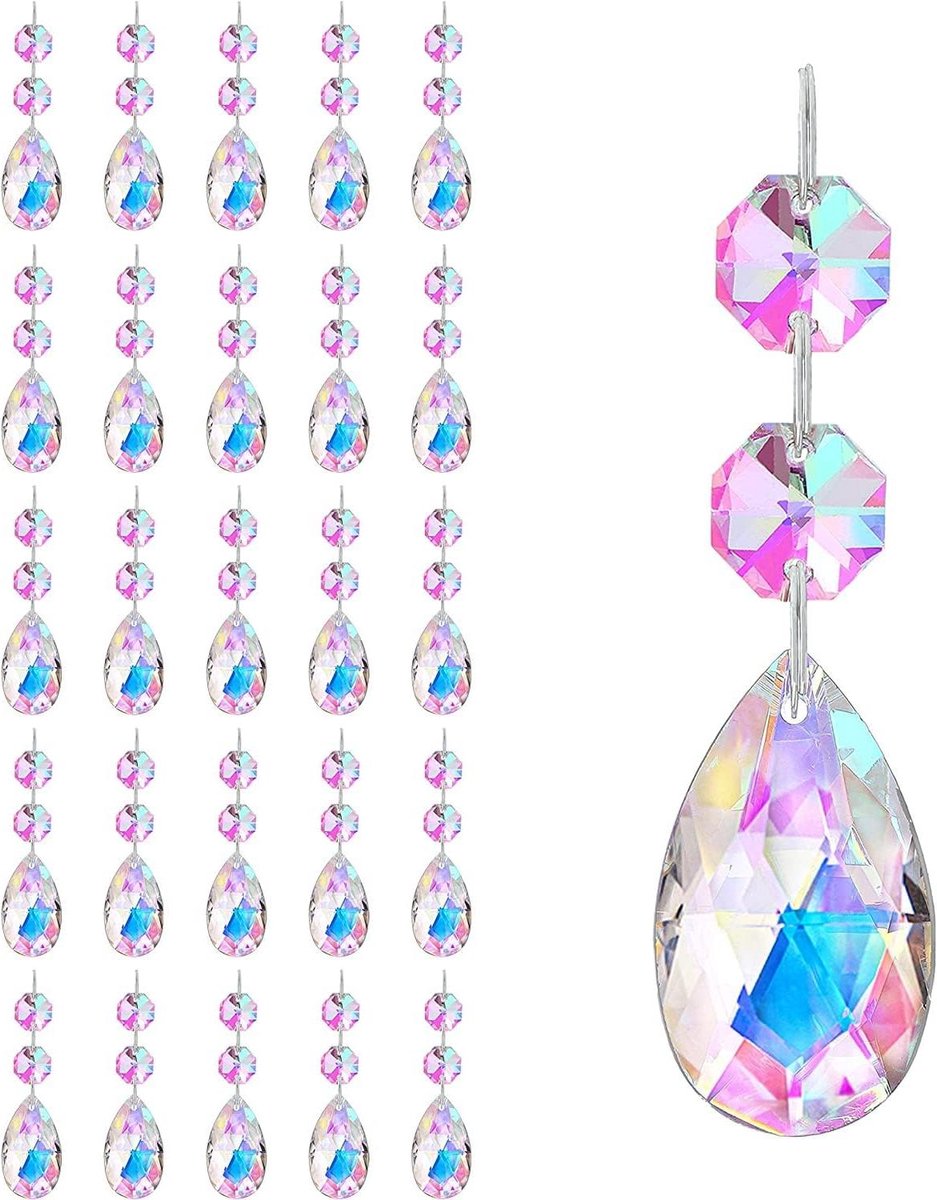 Allecto plus - Set van 25 Stuks 50mm AB Kristal Teardrop Kroonluchter Prismas - Regenboog Sucatcher Hangers met Glas Achthoek Kralen - Vervanging Onderdelen voor Kroonluchters.