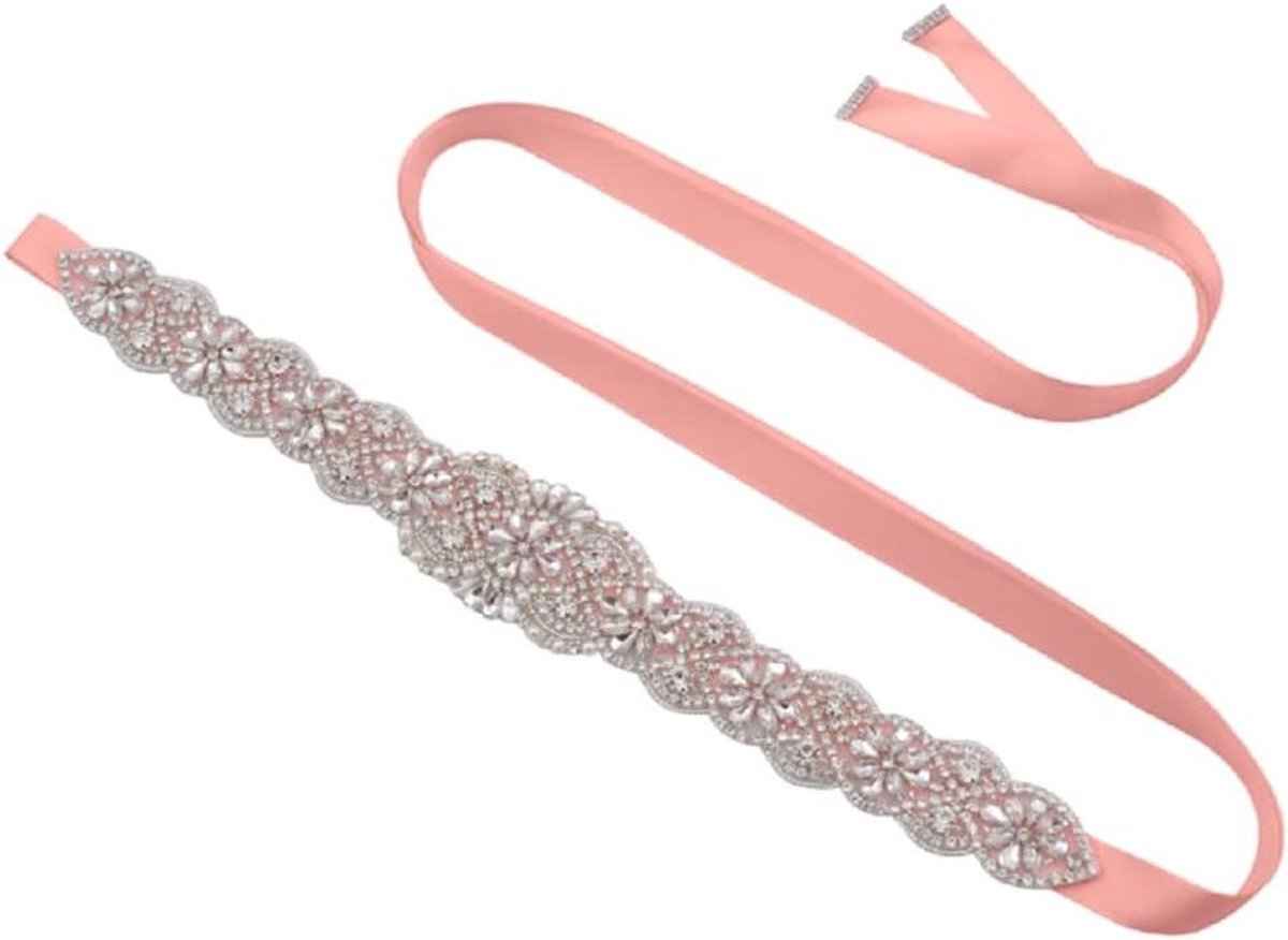 Allecto plus - Strass Bruiloft Riem in Rose Goud voor Bruidsmeisje en Vrouwen - Handgemaakt met Lint - Jurk Accessoires met Sjerp - Maat M