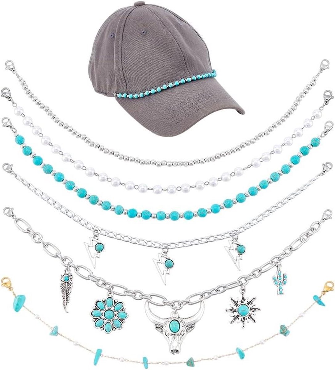 Allecto Premium - 6-delige Truckercap Kettingen met Bloem en Cactus Hangers voor Hoeden - Turquoise Metalen Kettingen