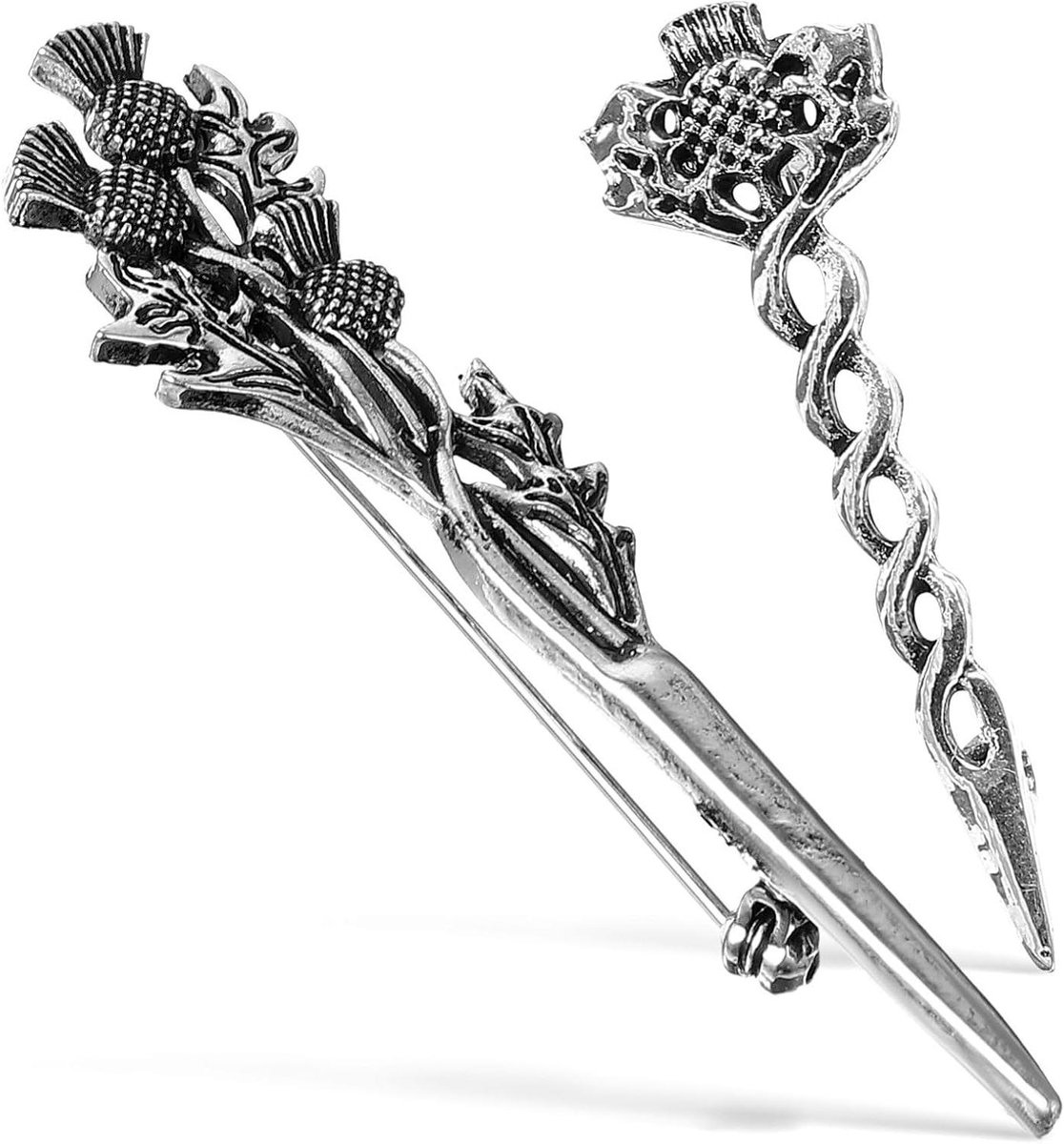 Allecto Premium - Distelbroche voor heren - 2 stuks - Zilver - Decoratieve kraagnaalden - Veiligheidsbroche - Kunstleer - Medium - Schotse motieven