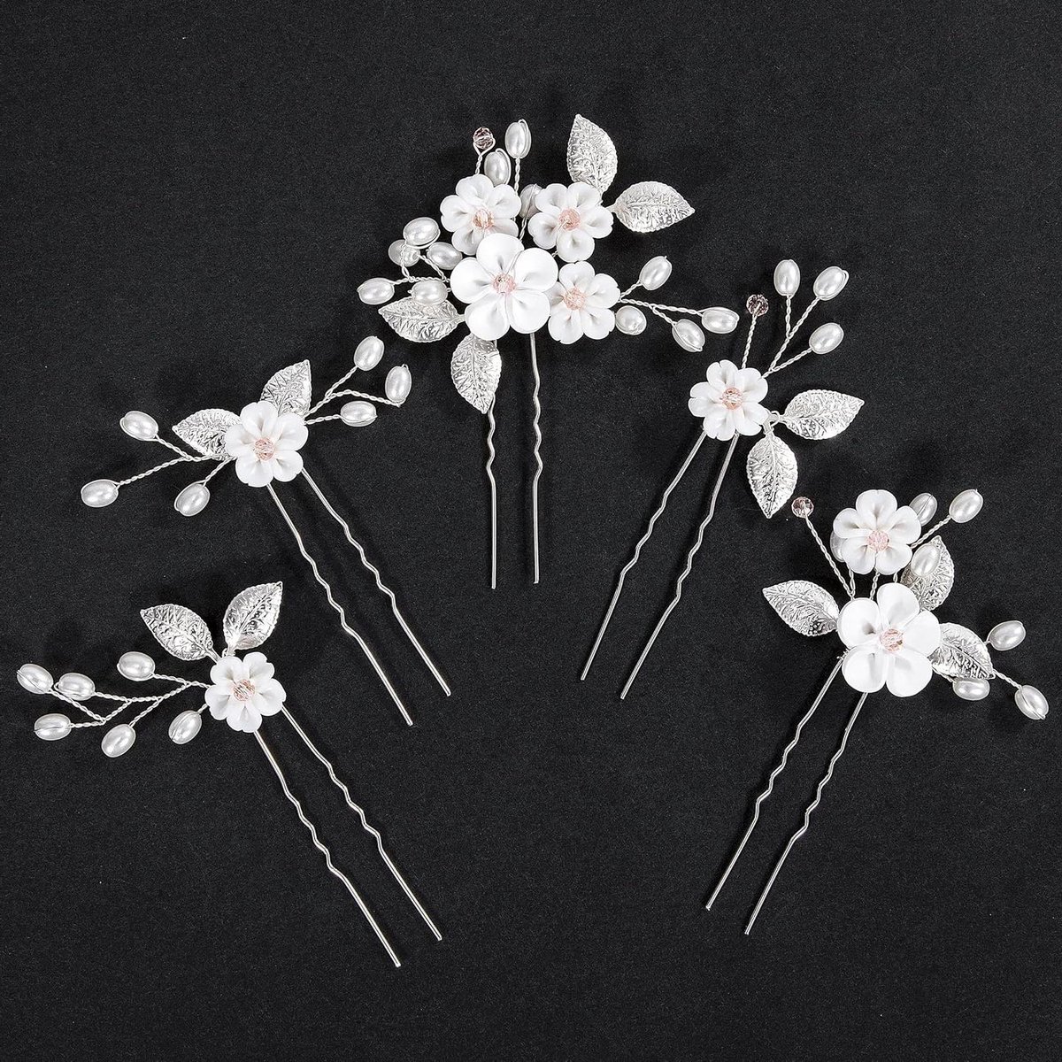 Allecto Premium - Haarspelden met bloemen en parels voor bruiloft - Set van 5 zilveren U-vormige spelden voor bruidssieraden, bruidsmeisjes, dames en meisjes