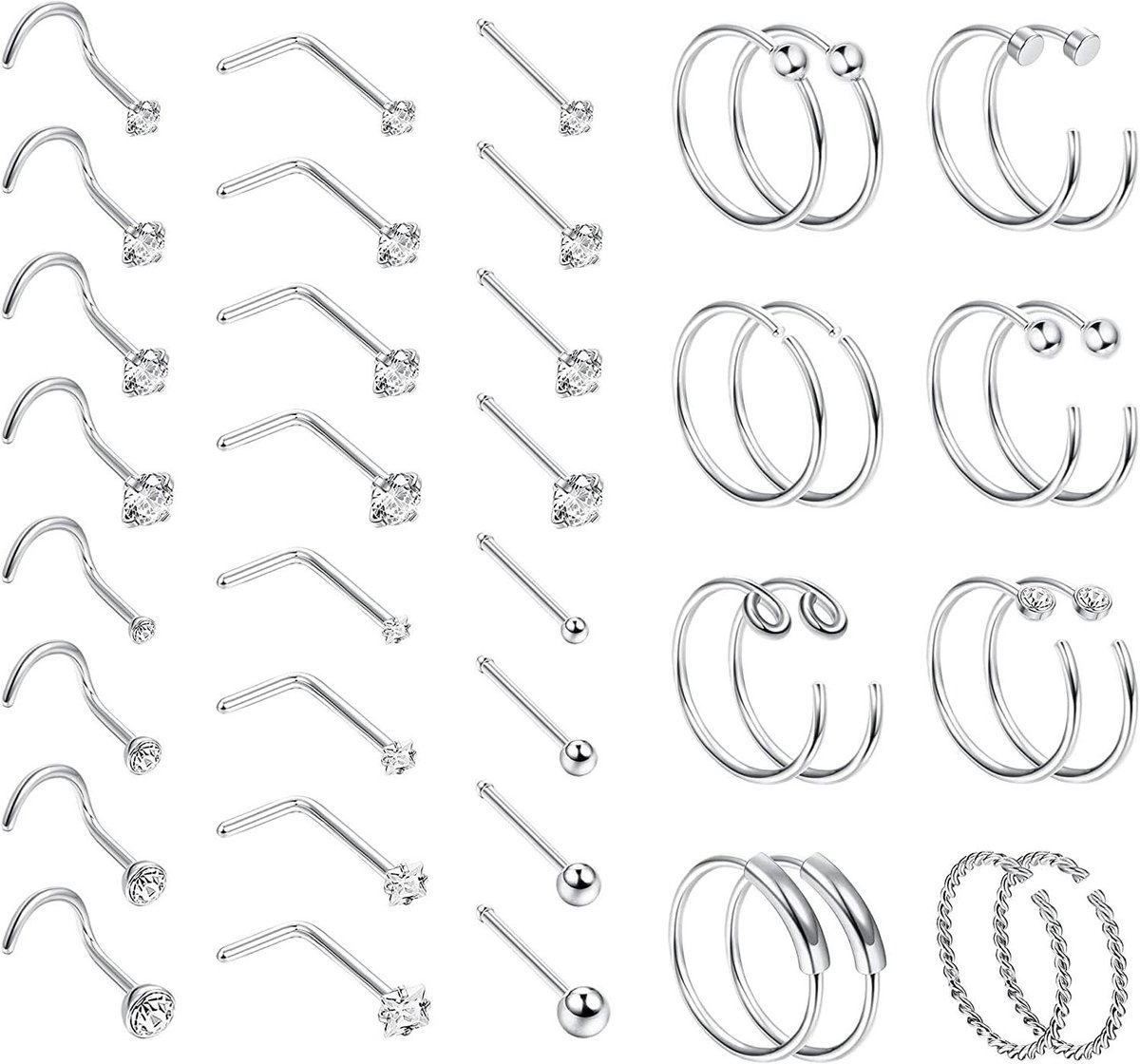 Allecto Premium - Neuspiercing Set 36-44 stuks L-vormig roestvrij stalen neusringen - Zilvergoud - Piercingset voor mannen en vrouwen - 20 g - Chique neusring.