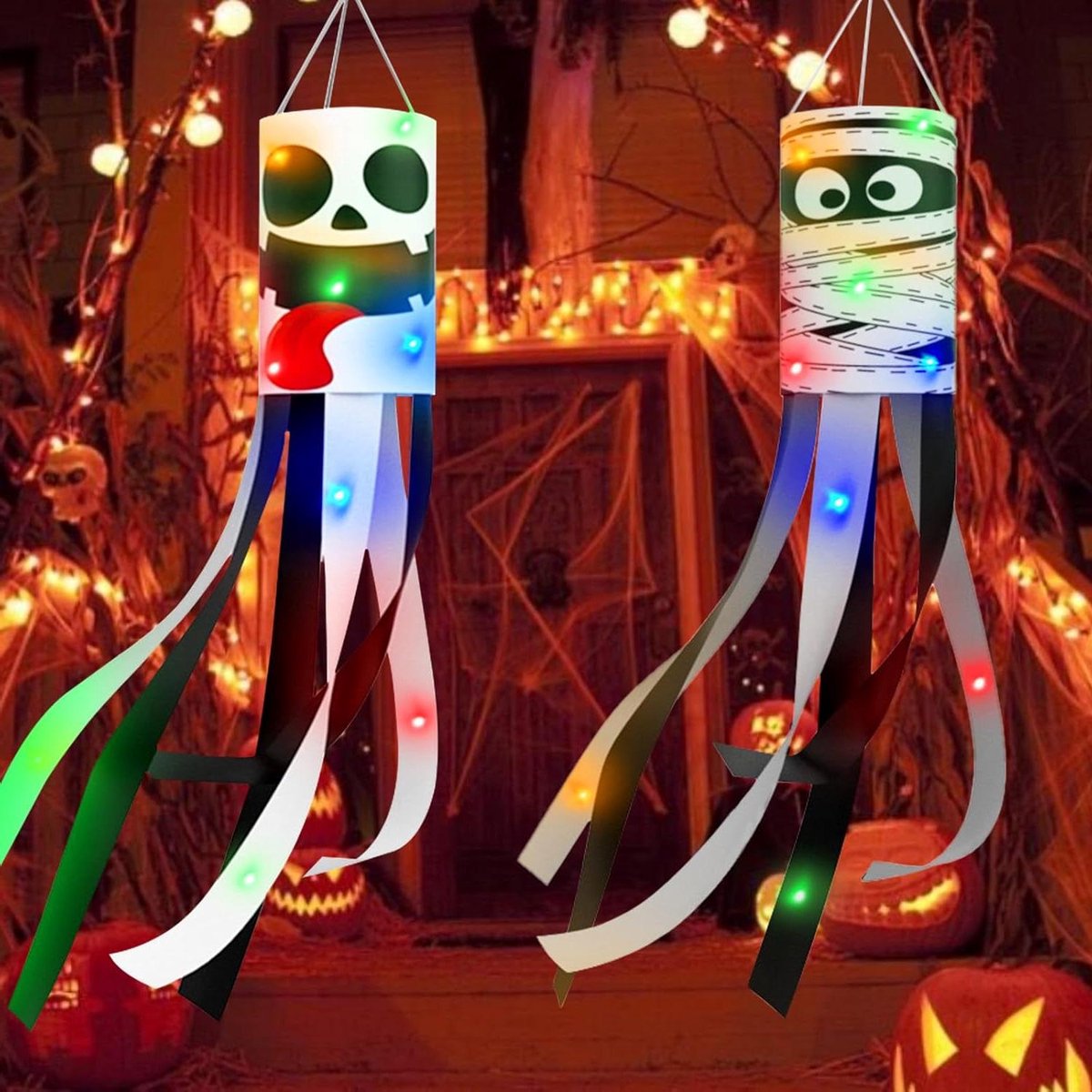 Halloween windsokken met licht en spook ontwerp voor opknoping - Halloween decoratie voor deur, tuin en raam