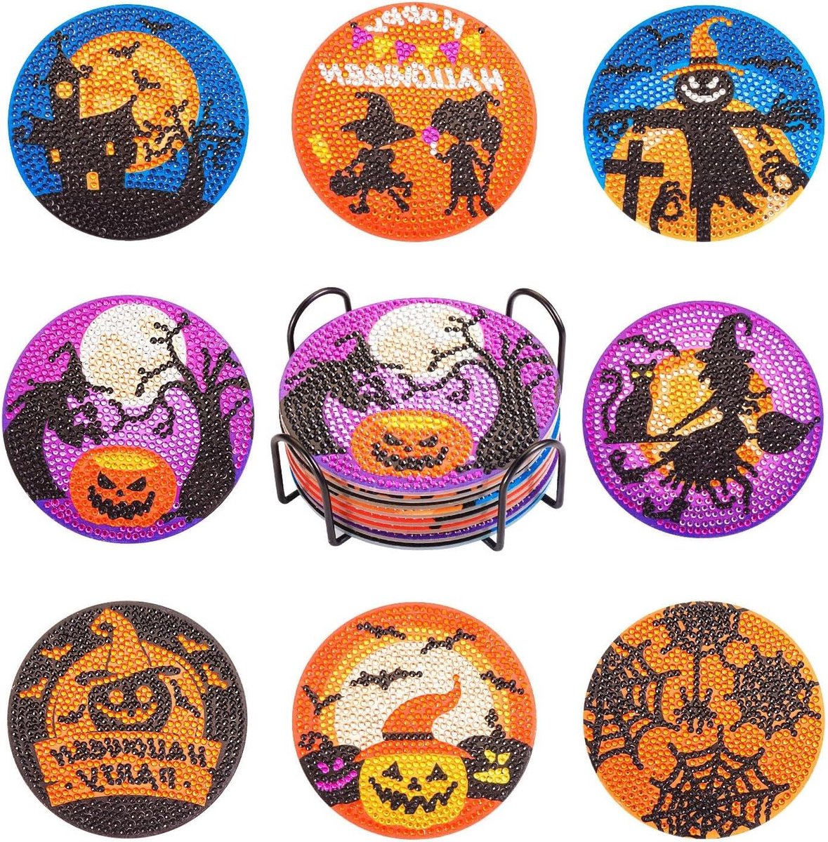 8-delige Set Halloween Diamond Art Onderzetters - 5D Diamant Schilderen Kit - Cup Mat met Pompoen en Spook Patroon - Voor Beginners en Kunstliefhebbers - Craft Supplies