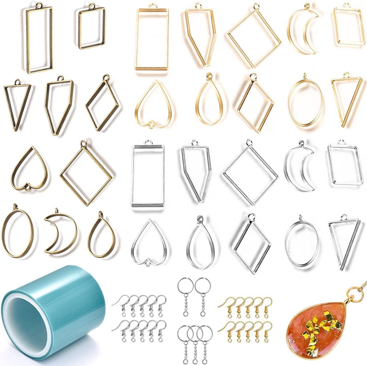 Allecto Premium - Metalen ring hanger mal sieraden - 55 stuks open lunette geometrische holle DIY UV ambachten - geperste bloem met naadloos lint - metaal hanger