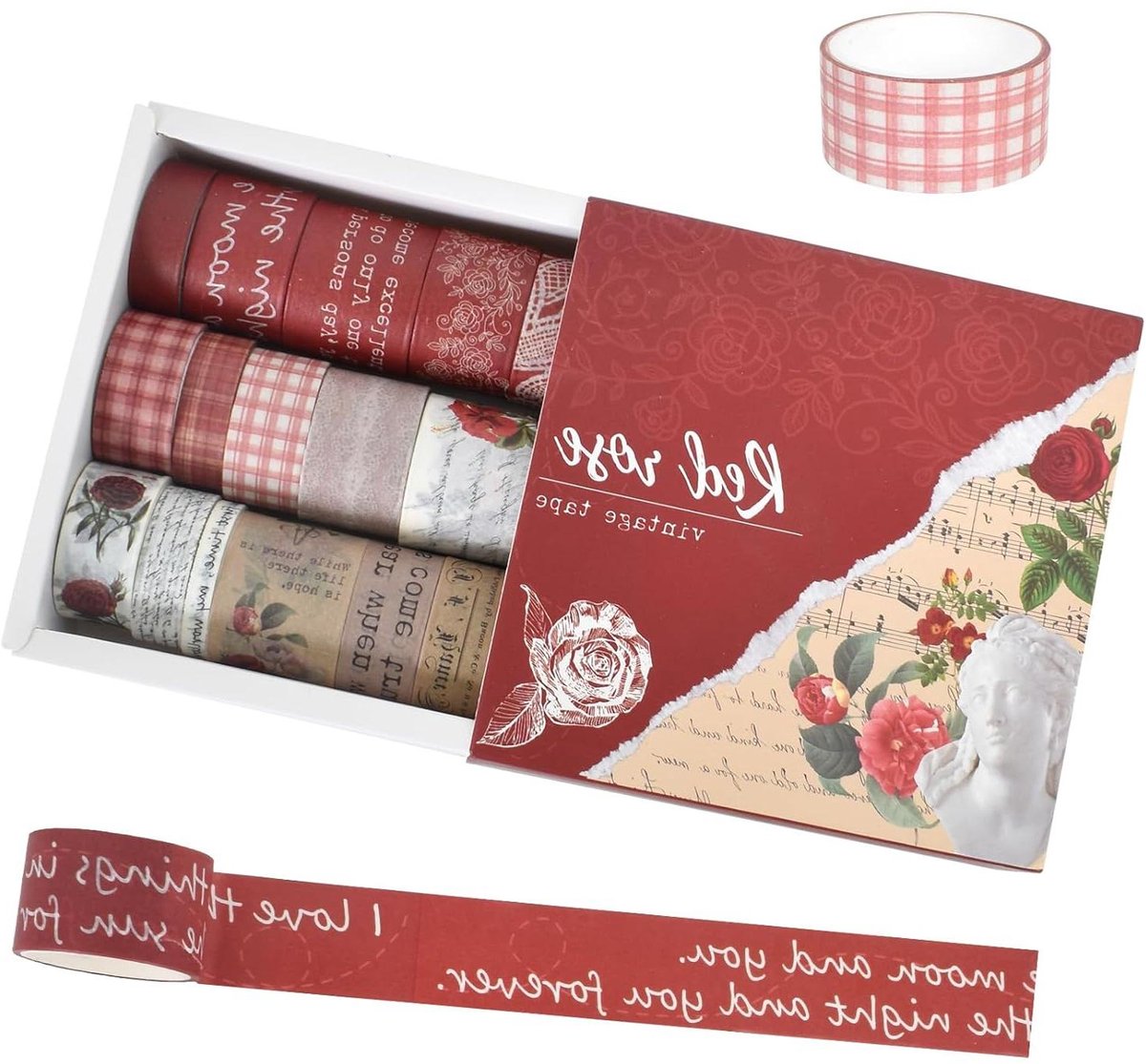 Allecto Premium - Washi Tape Vintage Set 20 rollen Bloem Letters Vlinder Botanische Bloem voor DIY Kunstdecoratie - Projectjournal Planner - 5 maten - Oud Rood