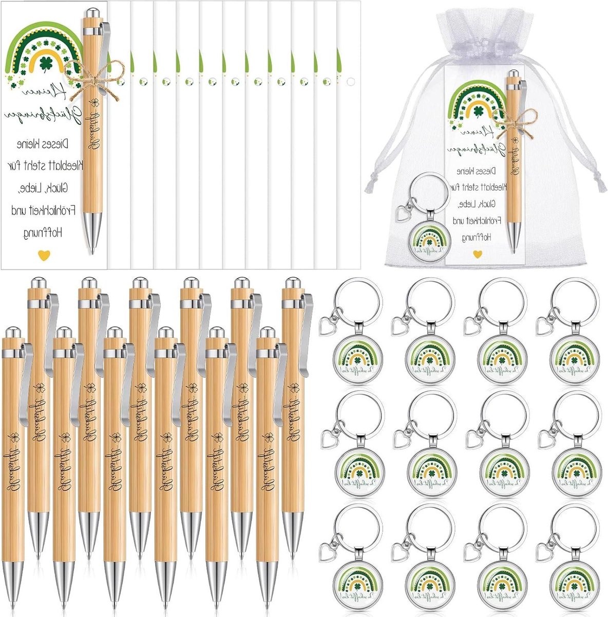 Allecto plus - Set van 12 geluksstiften balpen met sleutelhanger klaverblad geluksbrenger - ideale cadeaus voor collegas en examenvrienden