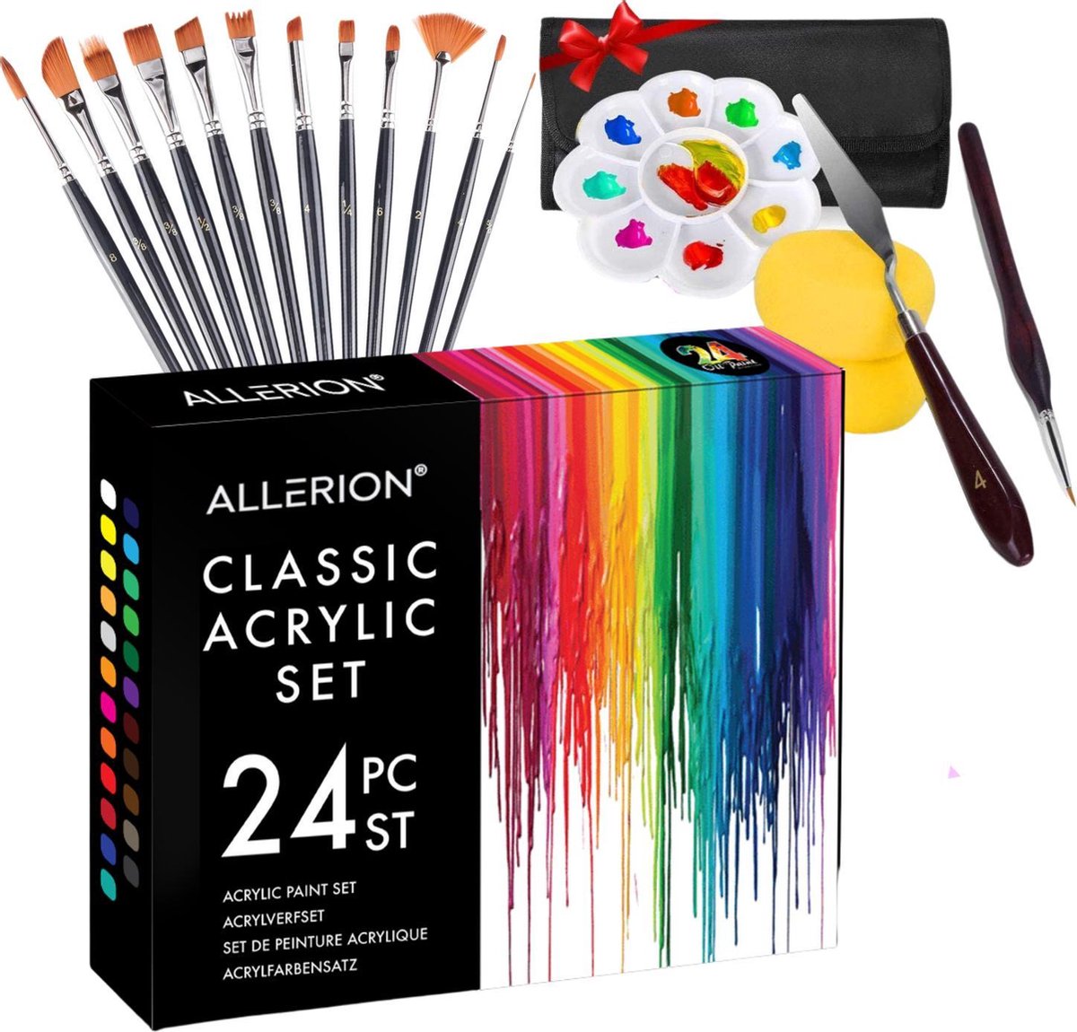 Allerion® Acryl Verf Set - Schilder set - 24 Verschillende kleuren - met GRATIS schilder attributen - Hoge kwaliteit verf - All-in-one schilderset - 24x 12ml Acrylverf