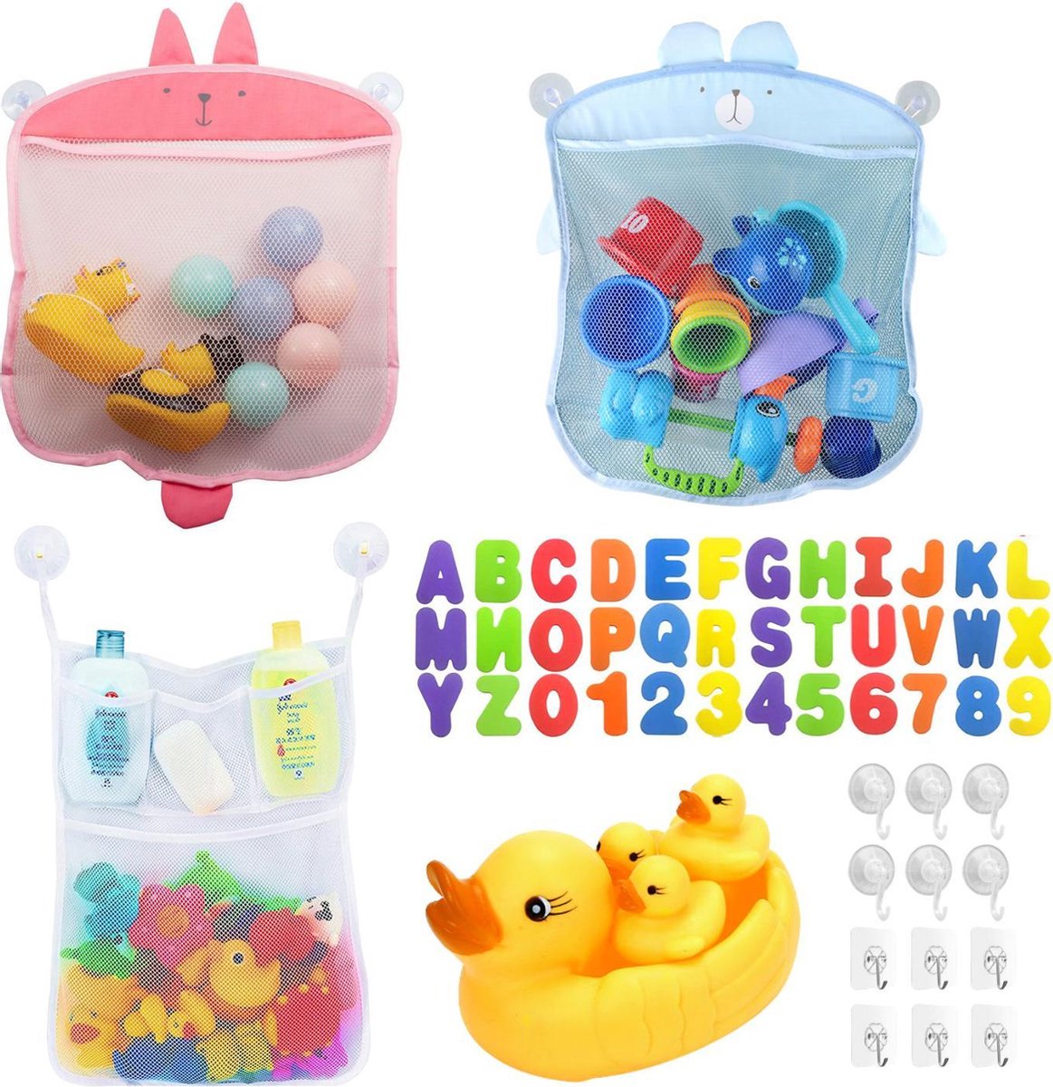Allerion® Bad Organizer - Badspeelgoed Baby - Opbergtas Badspeelgoed - Met GRATIS Speelgoed - 3 verschillende modellen - Extra sterke ophang haakjes & zuignappen - Zeer gemakkelijk in gebruik