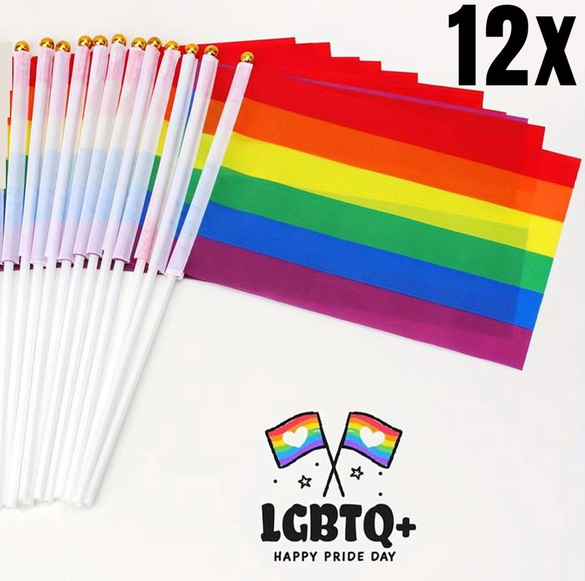 Allernieuwste.nl® 12 STUKS Rainbow LGBT Vlaggen met Stok - Pride Regenboog Vlag 21 x 14 cm stok 30 cm Handvlaggen - 14x21cm 12 STUKS