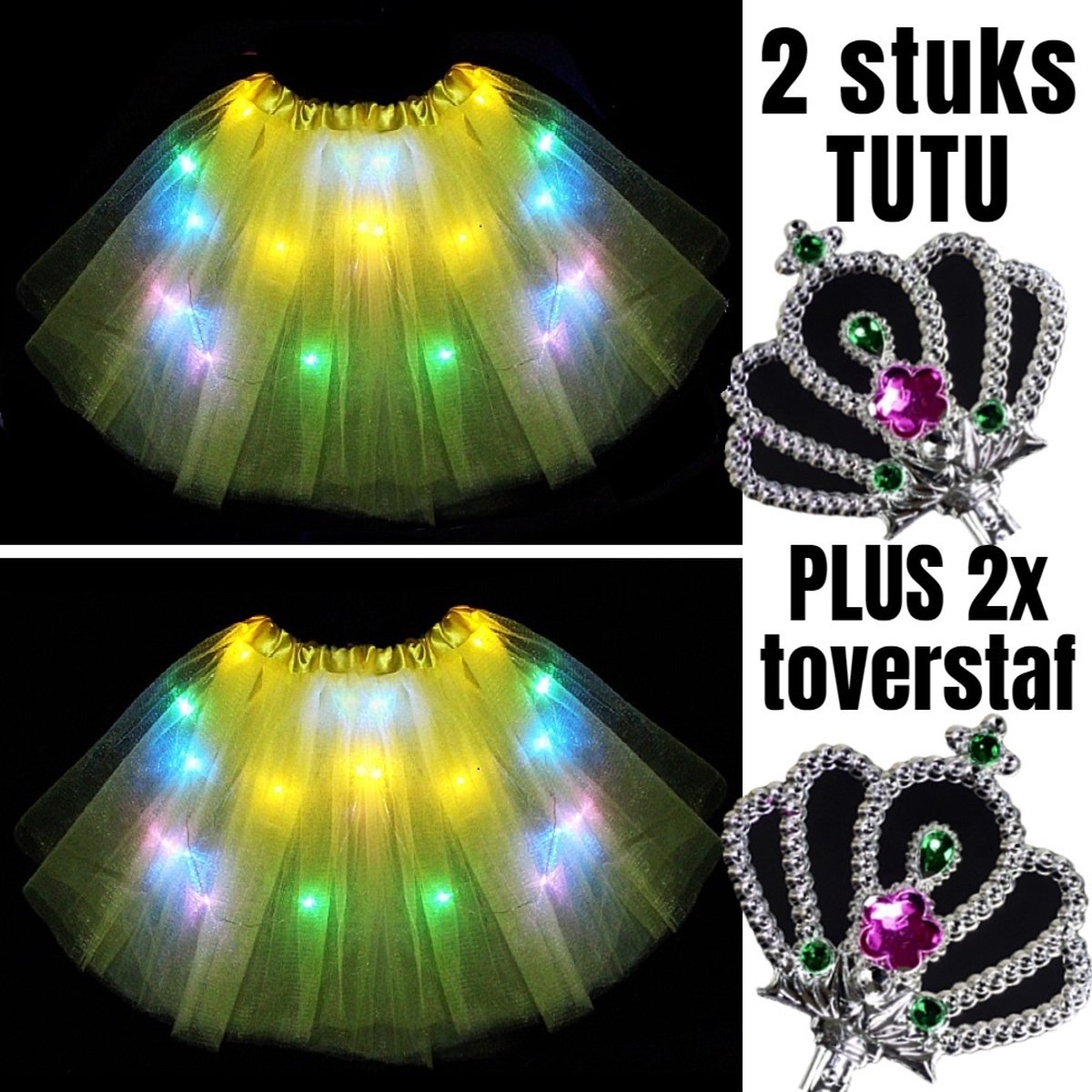 Allernieuwste.nl® 2 STUKS Tutu Kinder Rokje met Gekleurde Lichtjes PLUS 2 STUKS Toverstaf - Kinder Petticoat - 2 Stuks: GEEL