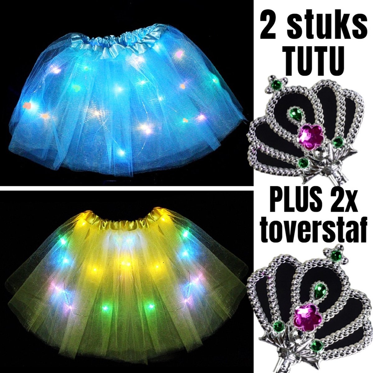 Allernieuwste.nl® 2 STUKS Tutu Kinder Rokje met Gekleurde Lichtjes PLUS 2 STUKS Toverstaf - Kinder Petticoat - 2 Stuks: GEEL en BLAUW