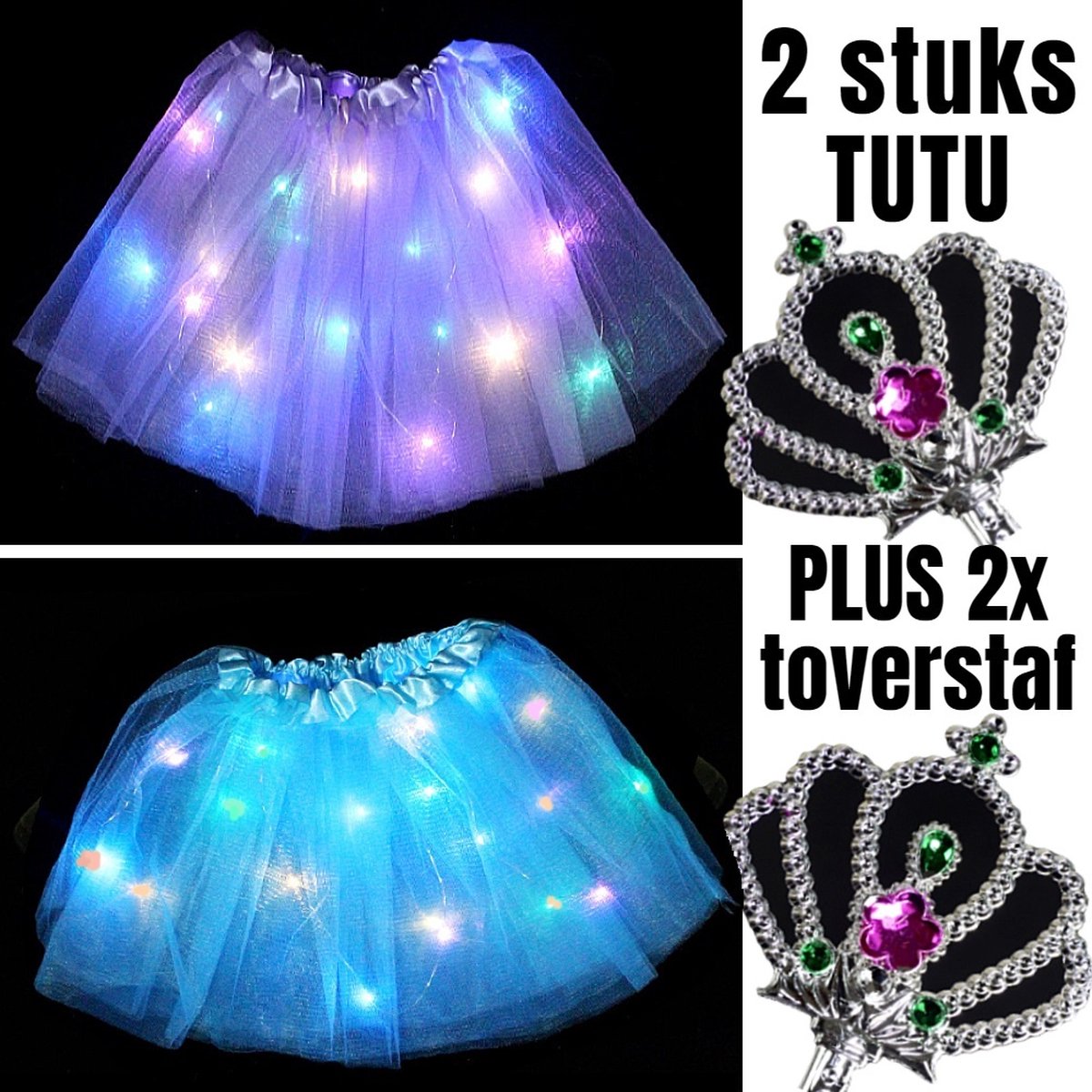Allernieuwste.nl® 2 STUKS Tutu Kinder Rokje met Gekleurde Lichtjes PLUS 2 STUKS Toverstaf - Kinder Petticoat - 2 Stuks: PAARS + BLAUW