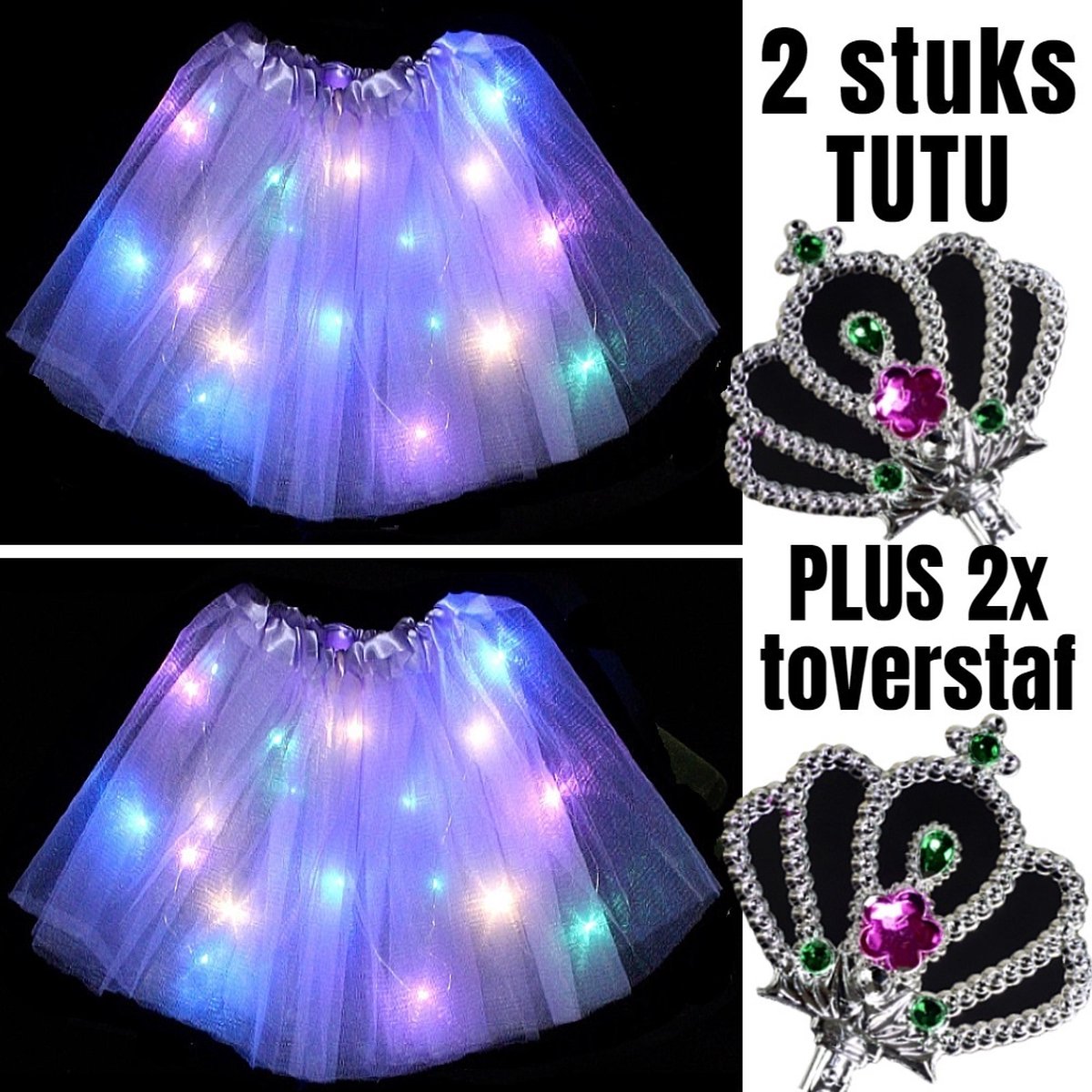 Allernieuwste.nl® 2 STUKS Tutu Kinder Rokje met Gekleurde Lichtjes PLUS 2 STUKS Toverstaf - Kinder Petticoat - 2 Stuks: PAARS