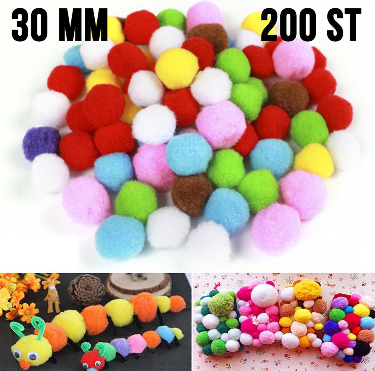 Allernieuwste.nl® 200 STUKS MiniPompons 30 mm - Mix Kleur Knutsel Pompons - DHZ Handwerken Knutselen - 200 stuks 30 mm / 3 cm