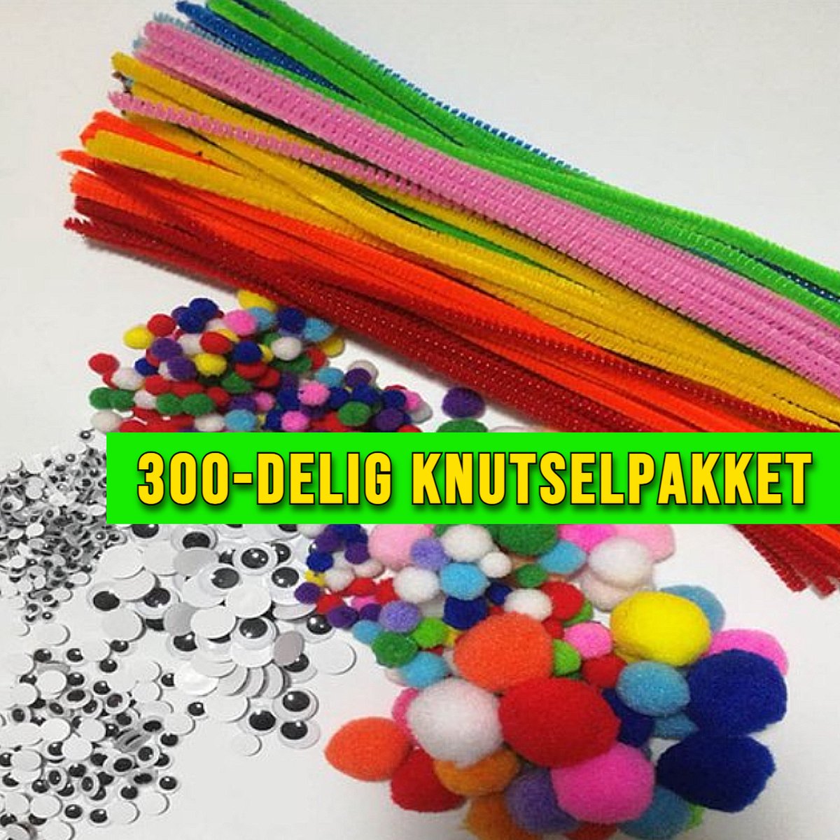 Allernieuwste.nl® 300-delig Knutselpakket Hobbypakket - 100x Chenille Pijpenragers + 100x Pompons + 100x Wiebelogen - Knutsel Pakket 300 STUKS