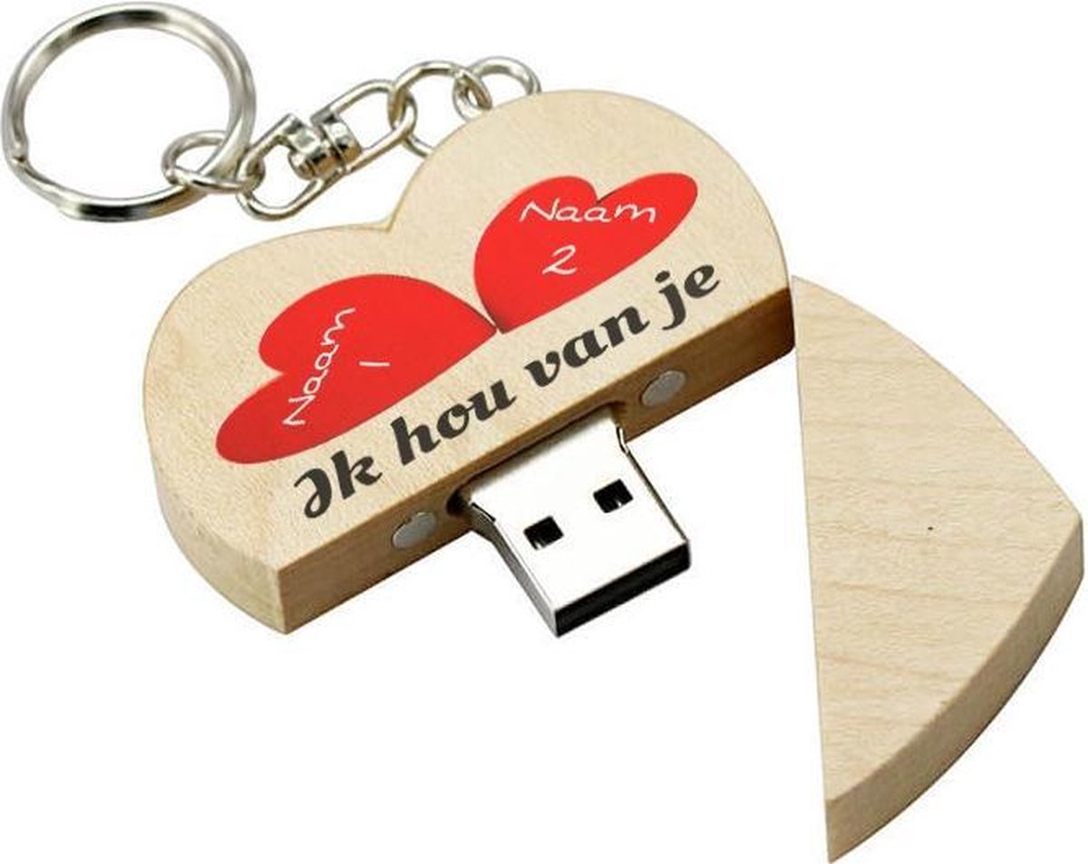 Valentijnsdag cadeau  hout hart usb stick met naam 64gb - model 1002 - Valentijn cadeau, Valentijnscadeau voor haar, Liefde cadeau, Liefdescadeau