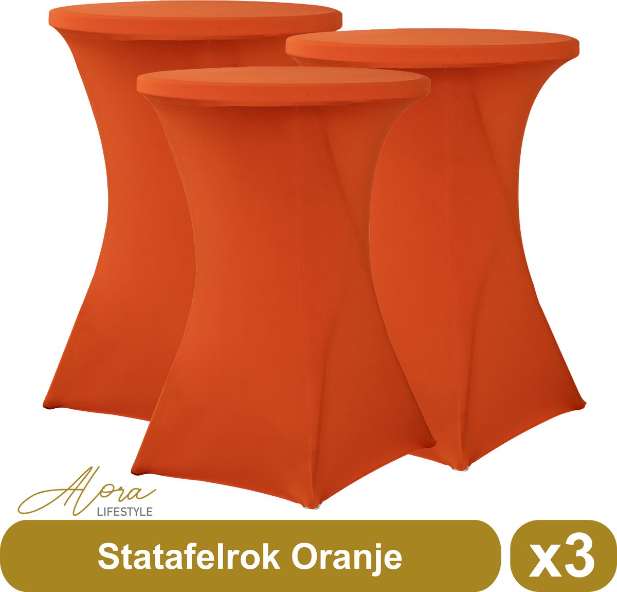 Alora Statafelrok oranje 80 cm per 3 - Alora tafelrok voor statafel - Statafelhoes - Bruiloft - Cocktailparty - Stretch Rok - Set van 3