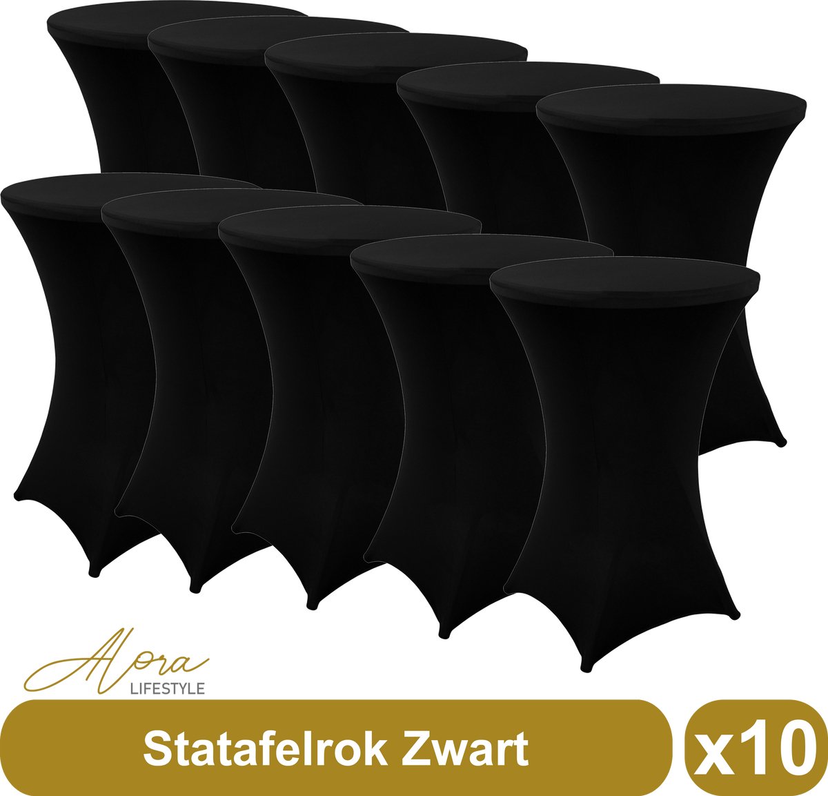Alora Statafelrok zwart 80 cm - per 10 - partytafel - Alora tafelrok voor statafel - Statafelhoes - Bruiloft - Cocktailparty - Stretch Rok - Set van 10