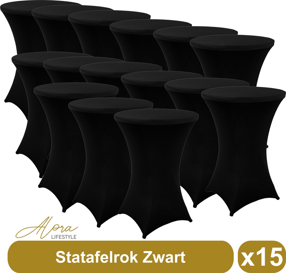 Alora Statafelrok zwart 80 cm - per 15 - partytafel - Alora tafelrok voor statafel - Statafelhoes - Bruiloft - Cocktailparty - Stretch Rok - Set van 15