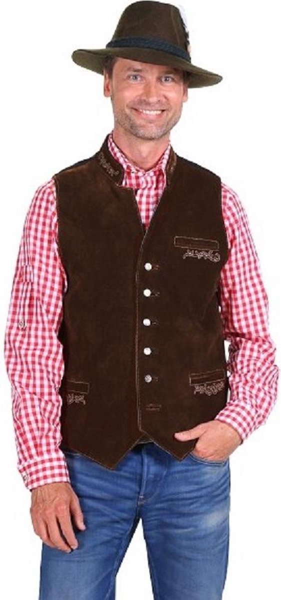 Tiroler - vest - gilet - leer Felix, donker bruin -Vest - bierfeest - verkleedkleding (maat 52)