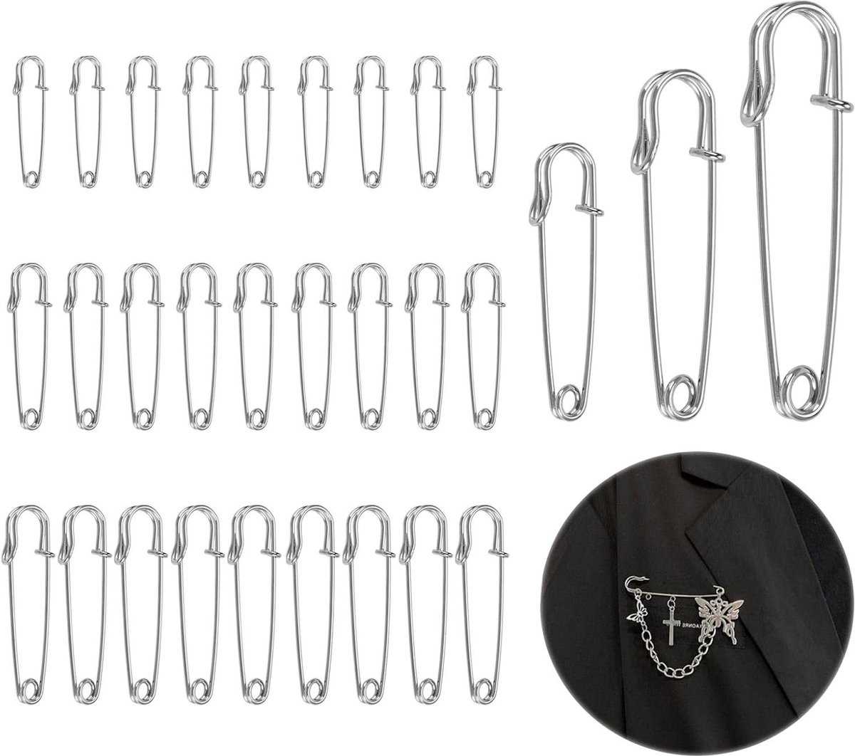 Veiligheidsspelden set van 30 - 45 cm/6 cm/75 cm - Groot, zilver - Voor kleding, quilten, kunsthandwerk, charms, dekens, rokken, sjaal