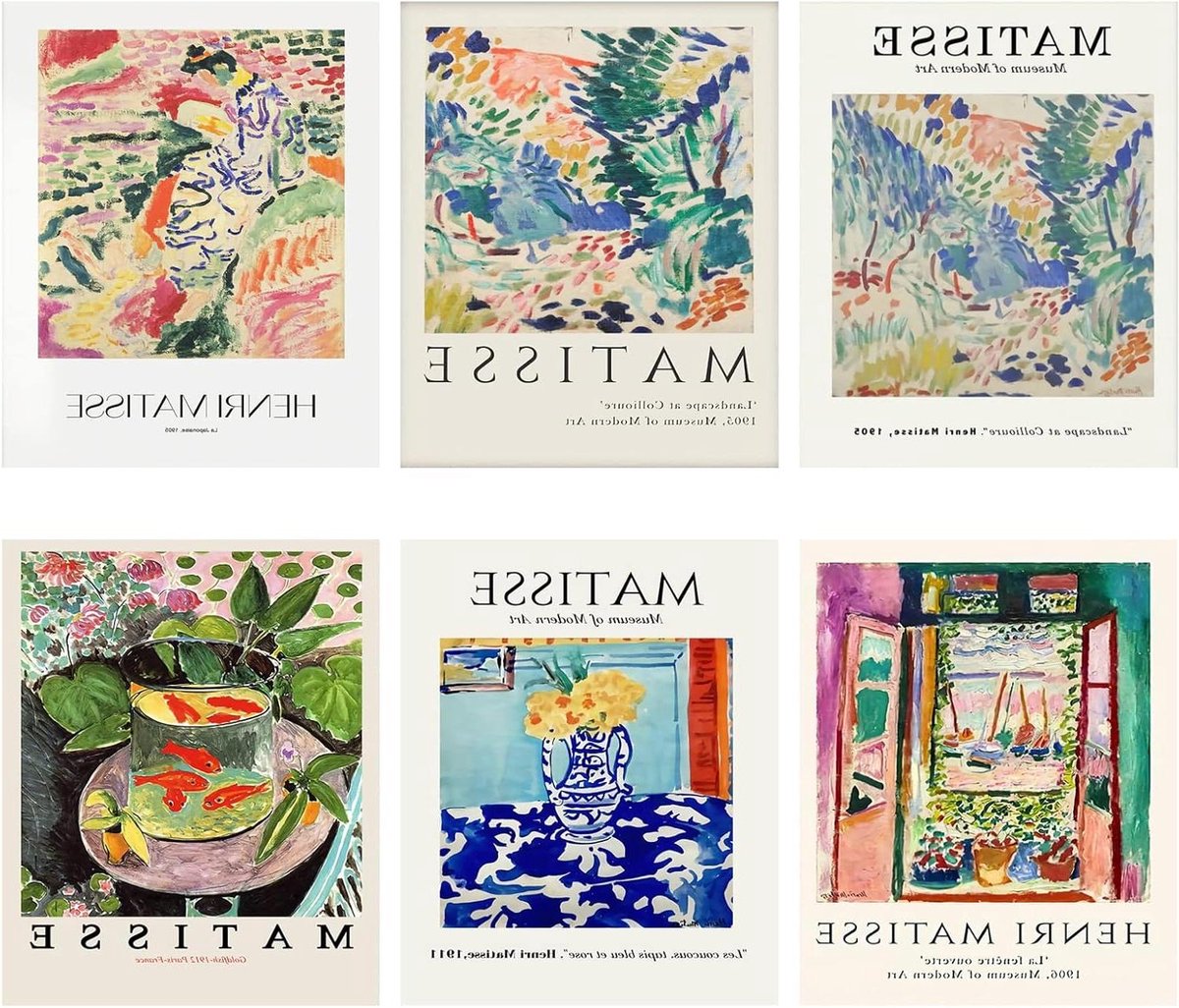 E-Ambar - Set van 6 Herinar Matisse vintage posters, abstracte landschap prints, canvas schilderijen voor woonkamer decoratie - 20 x 30 cm