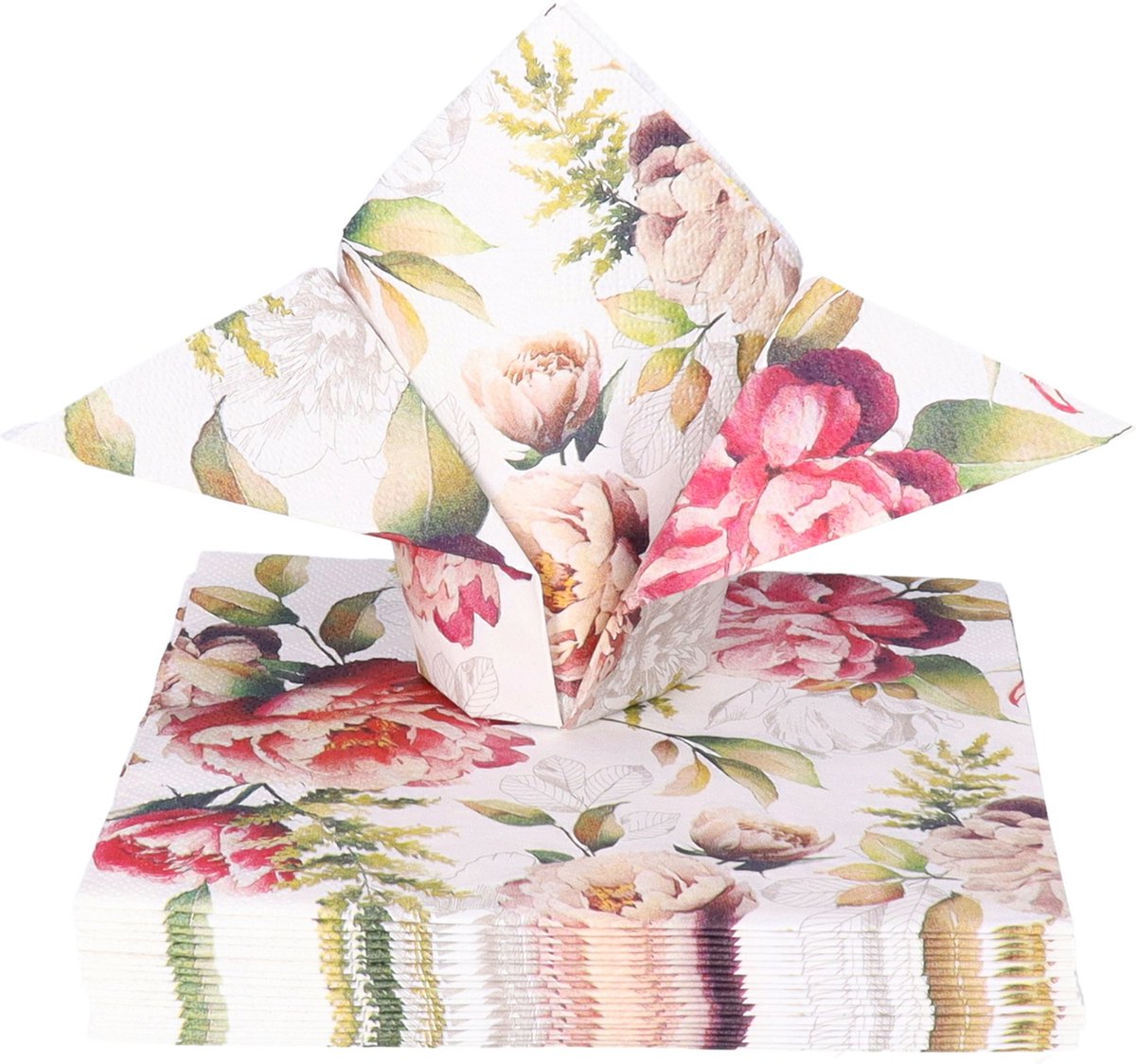 Ambiente Tafel diner servetten - Pioenrozen thema - 20x stuks - 33 x 33 cm - Lente/zomer - bloemen - Rozen