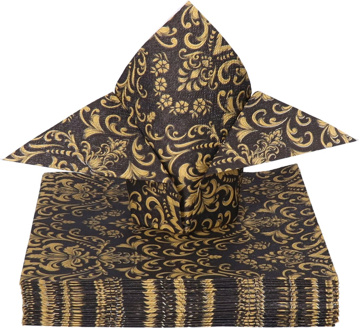 Ambiente Tafel diner servetten - Zwart/goud Barok patroon thema - 20x stuks - 33 x 33 cm